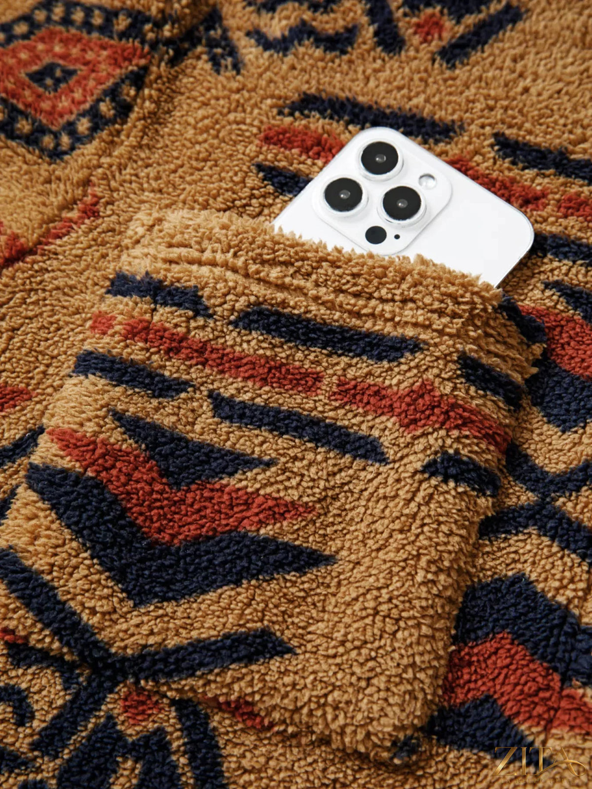 Zita La Belle Elite western Aztec pattern fleece button-up shacket with geometric design and cozy fabric, front view