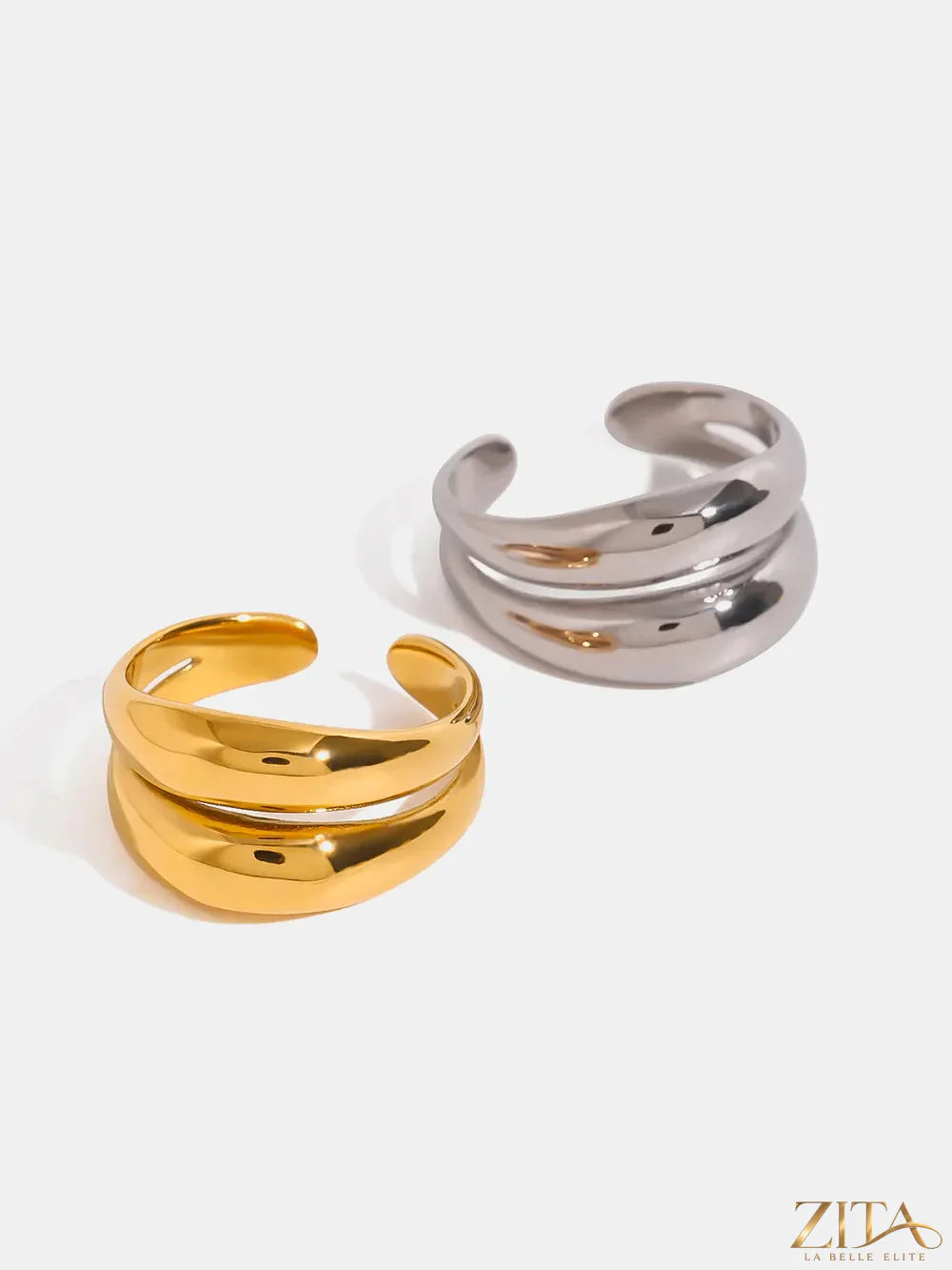 Stainless steel double-layered ring by Zita La Belle Elite featuring sleek, polished metal with two interconnected bands.