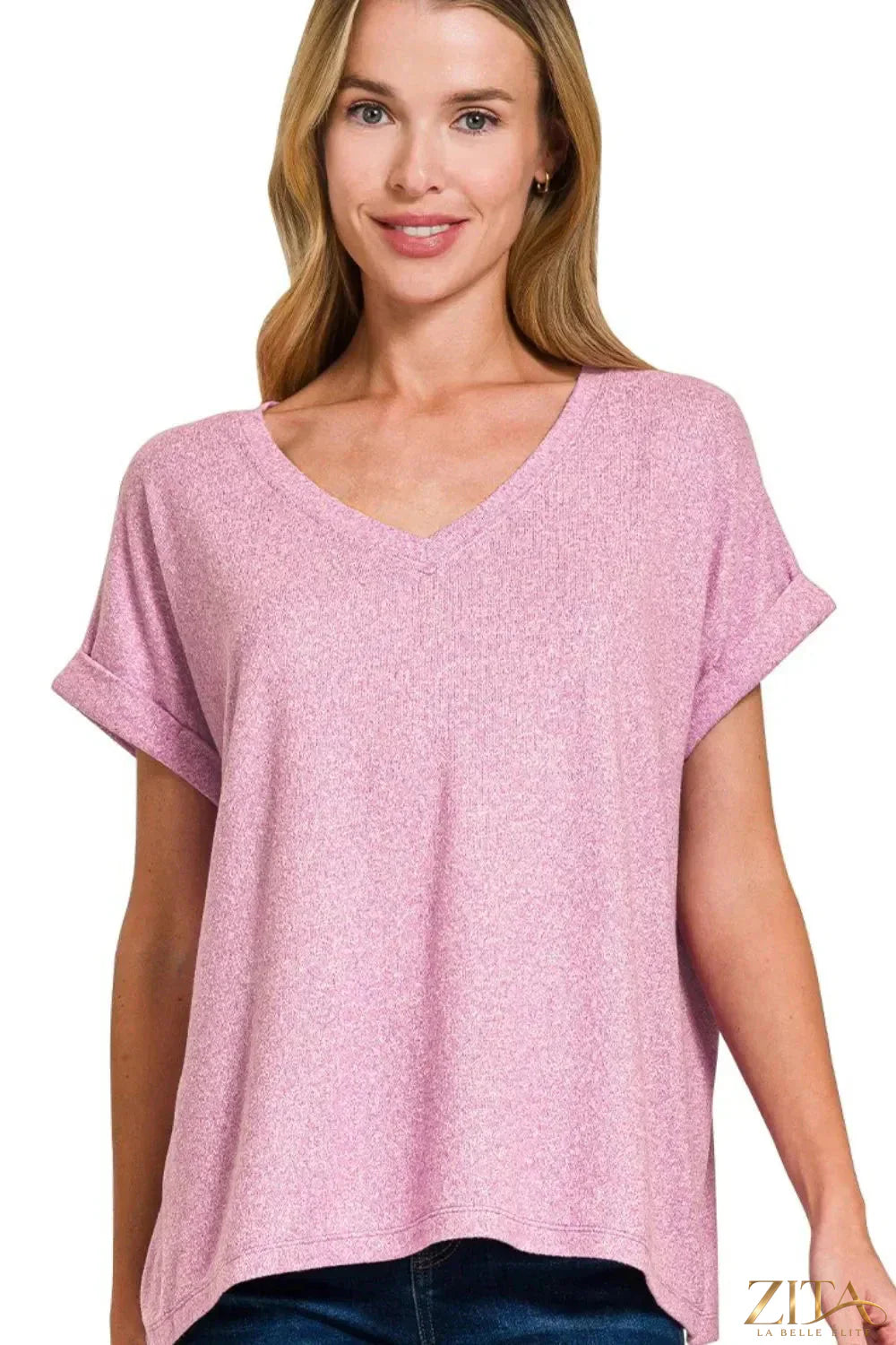 Zenana soft melange Hacci V-neck tee in neutral tones, casual fit with long sleeves, perfect for everyday wear.