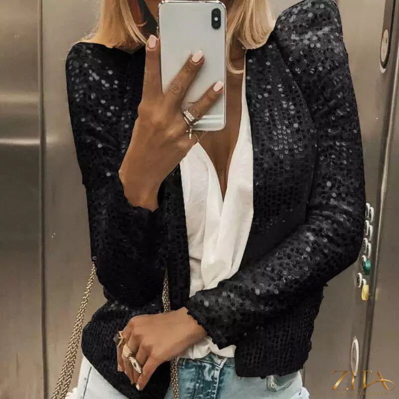 Women's colorblock sequin short jacket by Zita La Belle Elite featuring vibrant sequins and a casual glam style.
