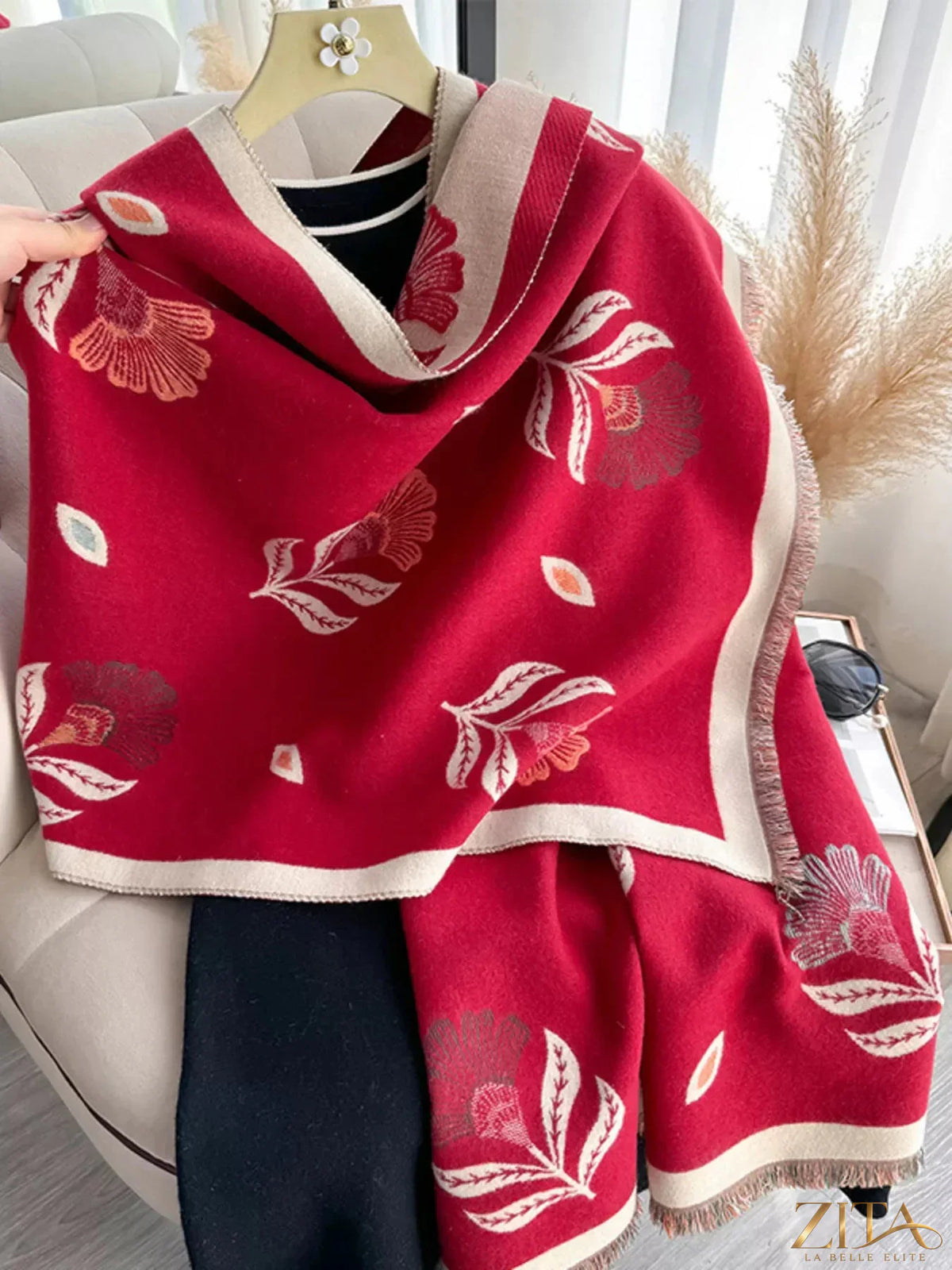 Printed raw hem shawl from Zita La Belle Elite with intricate patterns and soft fabric, styled for elegant wear.