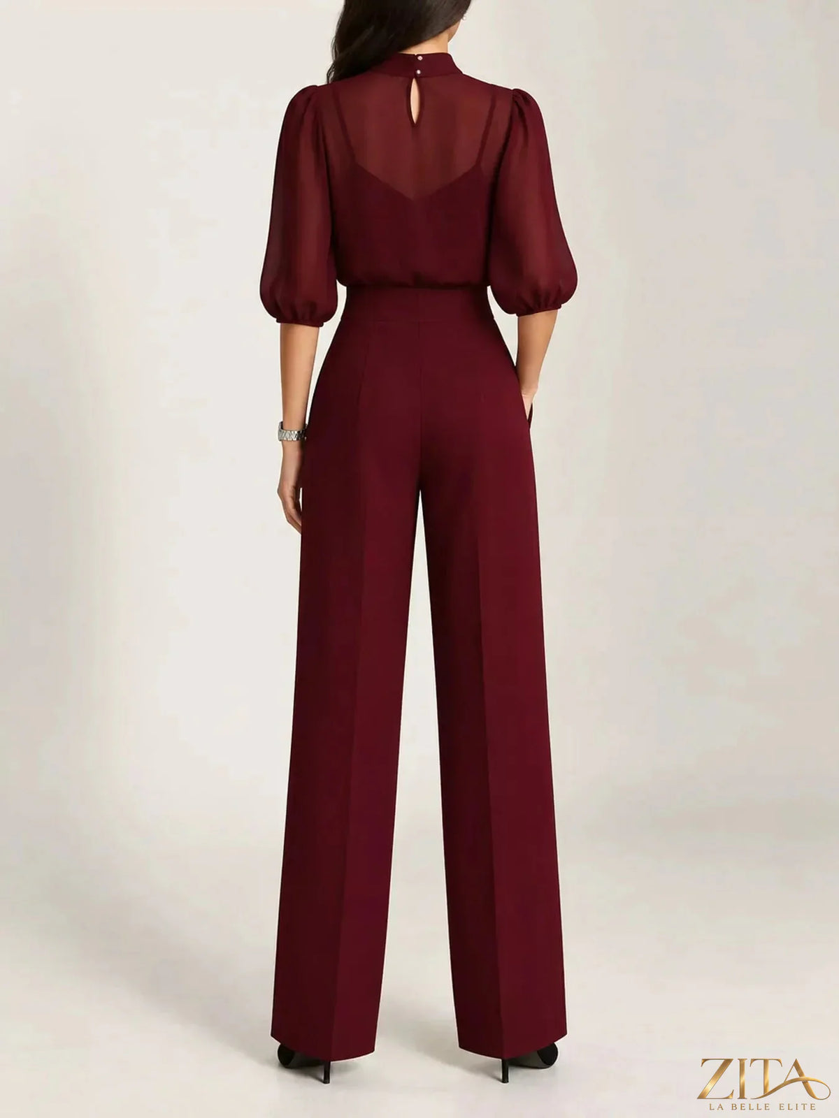 Zita La Belle Elite mock neck puff sleeve top and wide-leg pants set in soft fabric, stylish and comfortable for everyday wear.