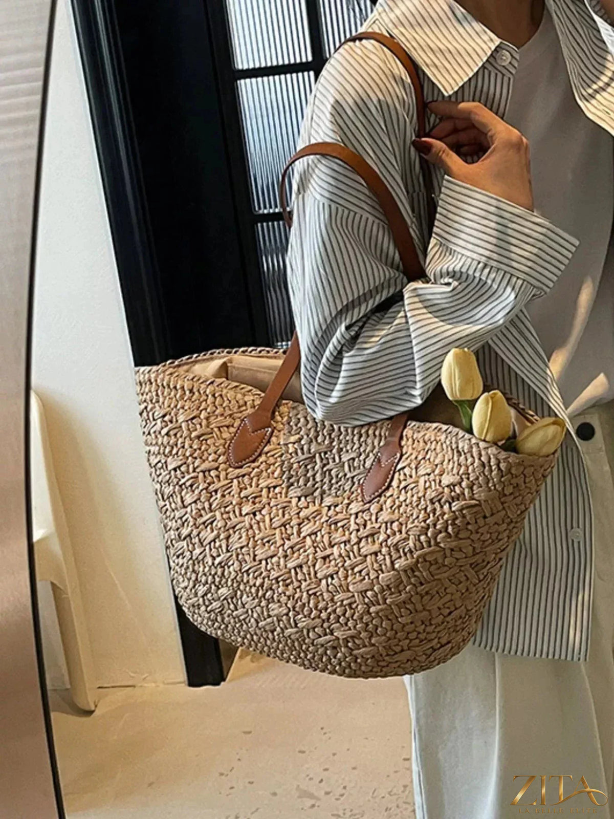Zita La Belle Elite woven tote shoulder bag with leather handles and spacious interior, perfect for casual or everyday use.