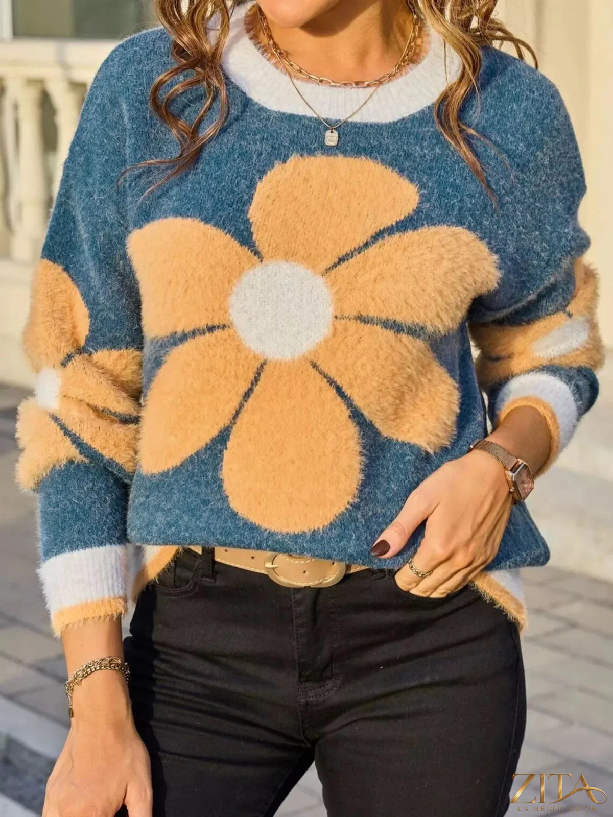 Zita La Belle Elite flower round neck sweater in soft knit with floral pattern, showcased on a neutral background.