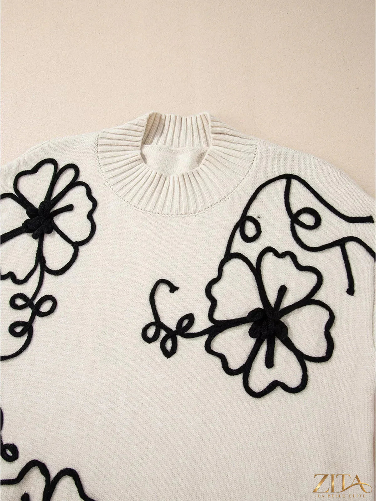 Zita La Belle Elite flower stitching mock neck sweater featuring intricate floral embroidery and a cozy knit design.