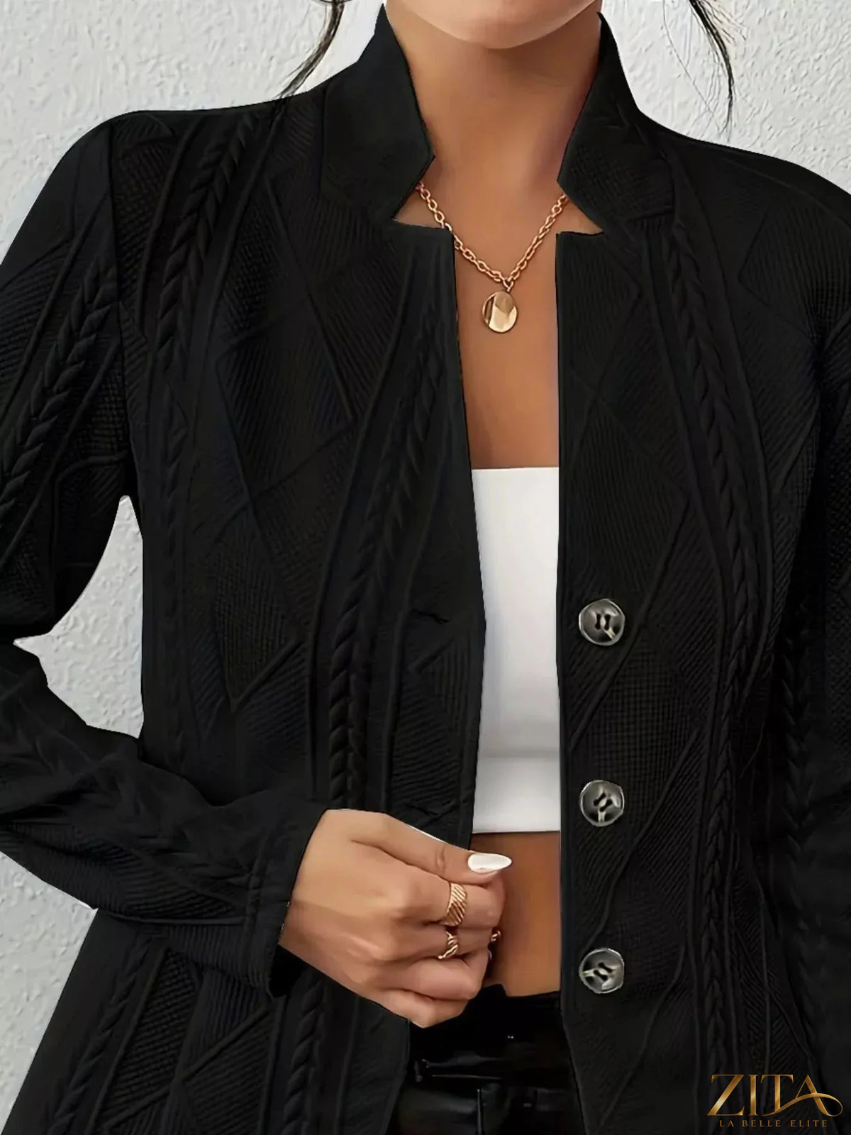 Zita La Belle Elite textured knit button-front blazer with structured fit and classic lapel, shown in a stylish, close-up view.