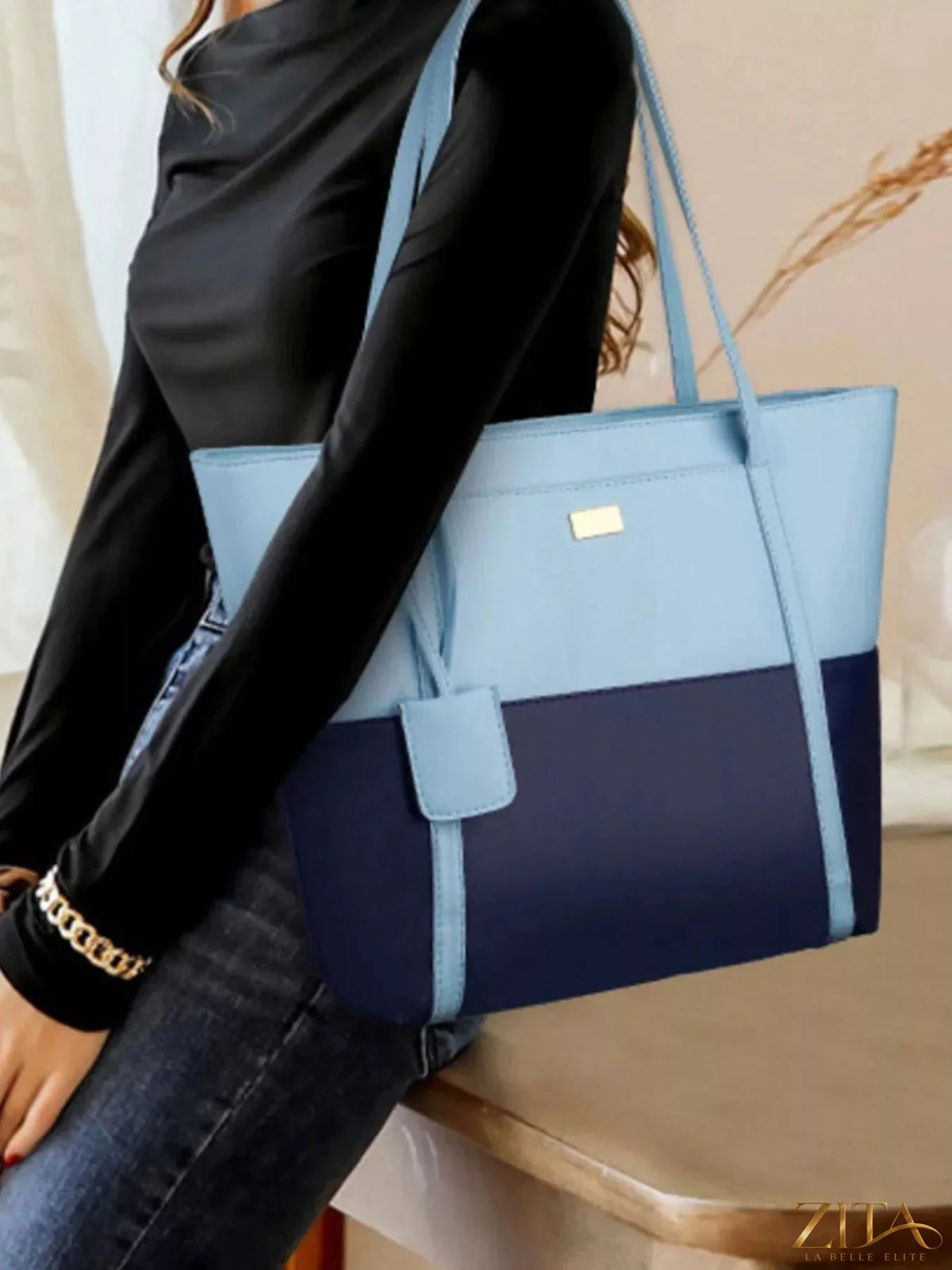 Two-tone tote bag by Zita La Belle Elite with sturdy handles and spacious interior, featuring a stylish and modern design.