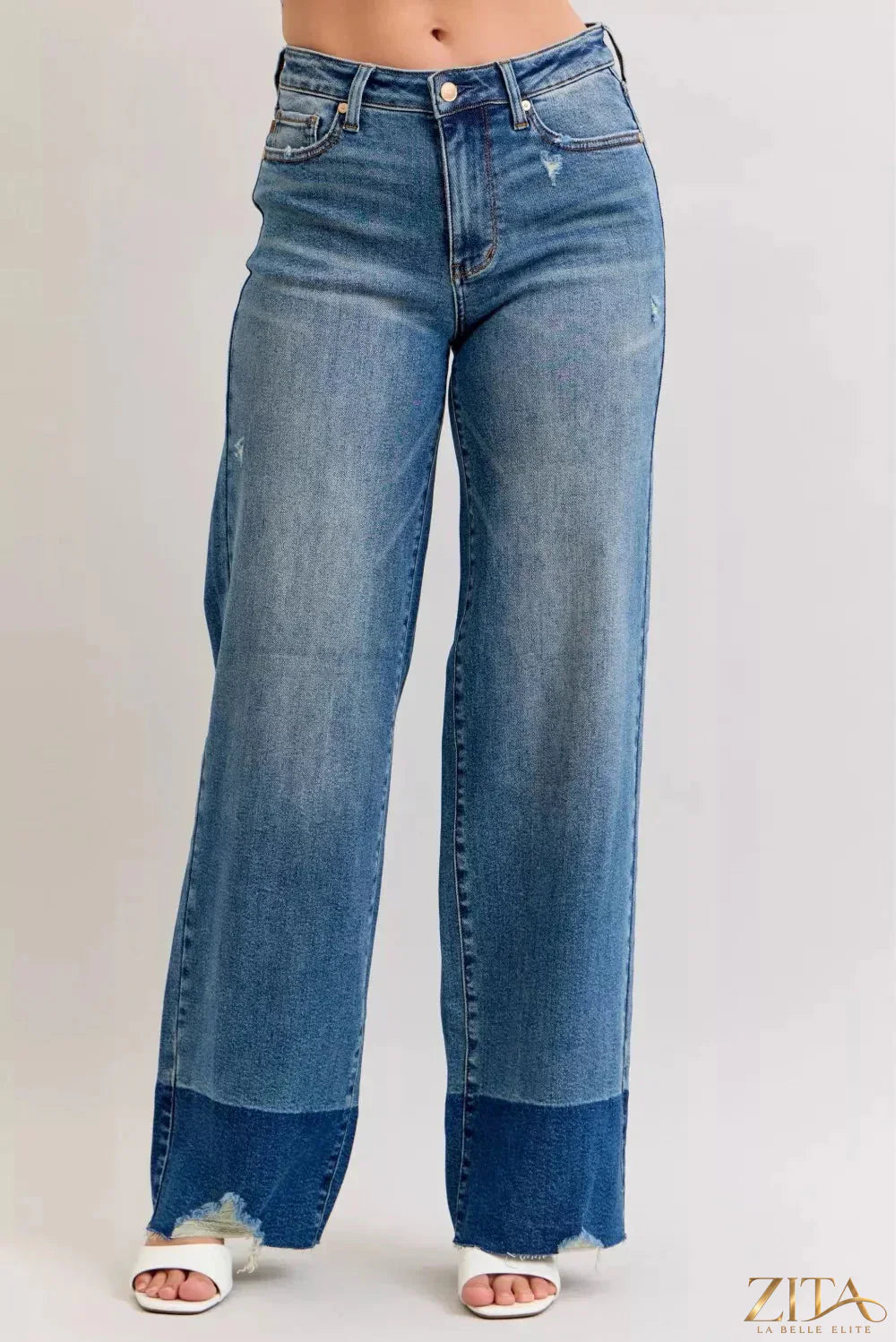 Zita La Belle Elite Judy Blue raw hem high waist column straight jeans displayed on a model, showcasing the fit and style.