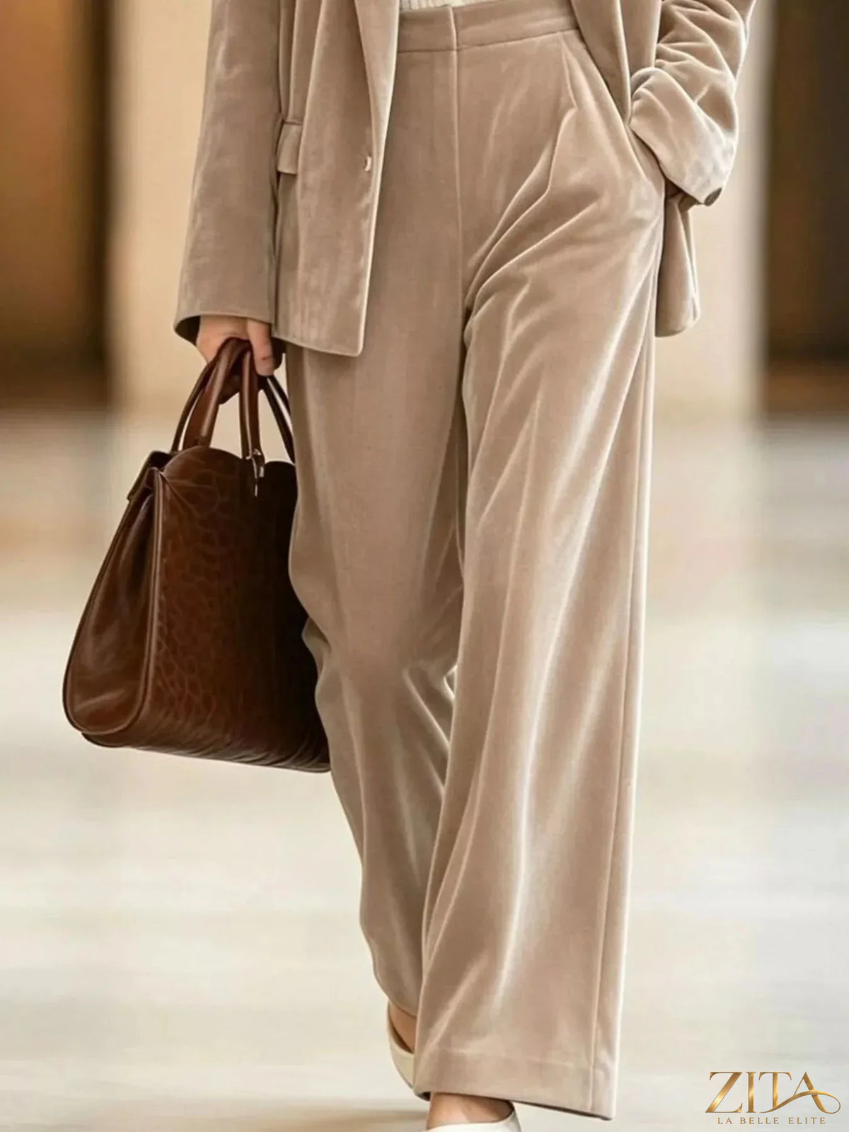 Zita La Belle Elite velvet blazer and wide-leg pants two-piece set, stylish and elegant outfit for women.