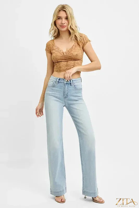Zita La Belle Elite RISEN full size run high rise straight jeans in classic denim, shown on a model with a casual pose.