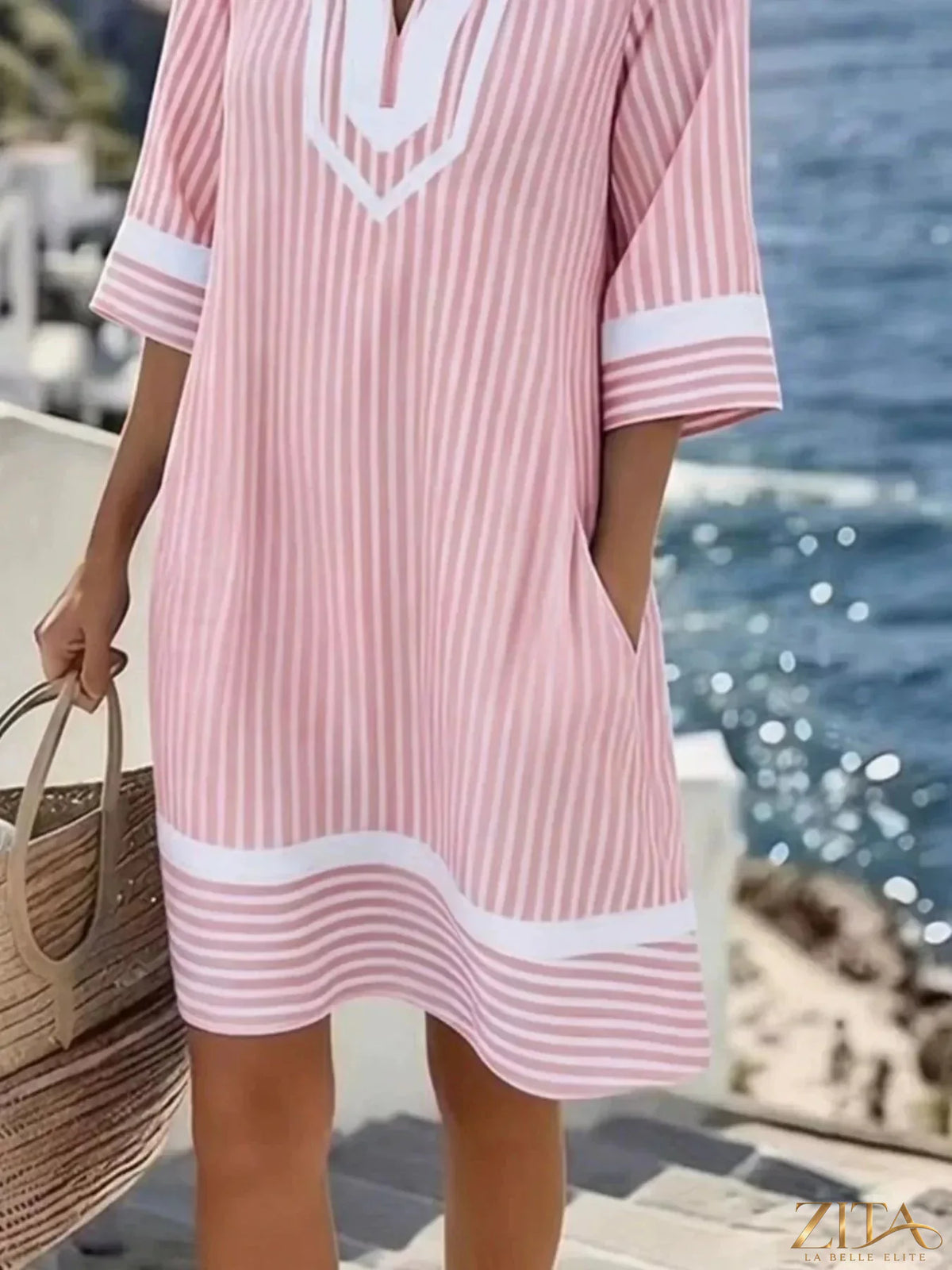 Plus size striped V-neck casual dress by Zita La Belle Elite, featuring a full-length design and comfortable fit.