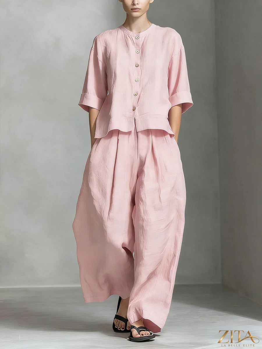 Zita La Belle Elite three-quarter sleeve shirt and loose trousers two-piece set, stylish casual outfit, light fabric, neutral tones.
