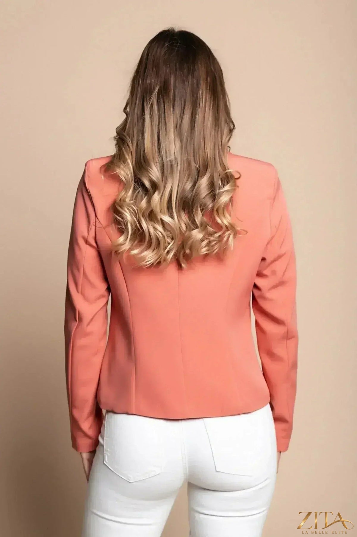 Italian-made Heather Prism Peach Blazer in salmon tone from Zita La Belle Elite, featuring a tailored blazer design.