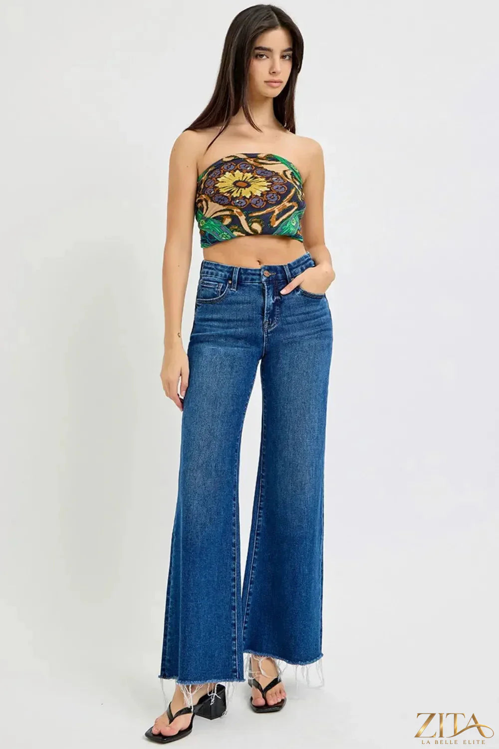 Zita La Belle Elite RISEN high rise wide leg jeans with tummy control, showcasing dark wash denim and relaxed fit.
