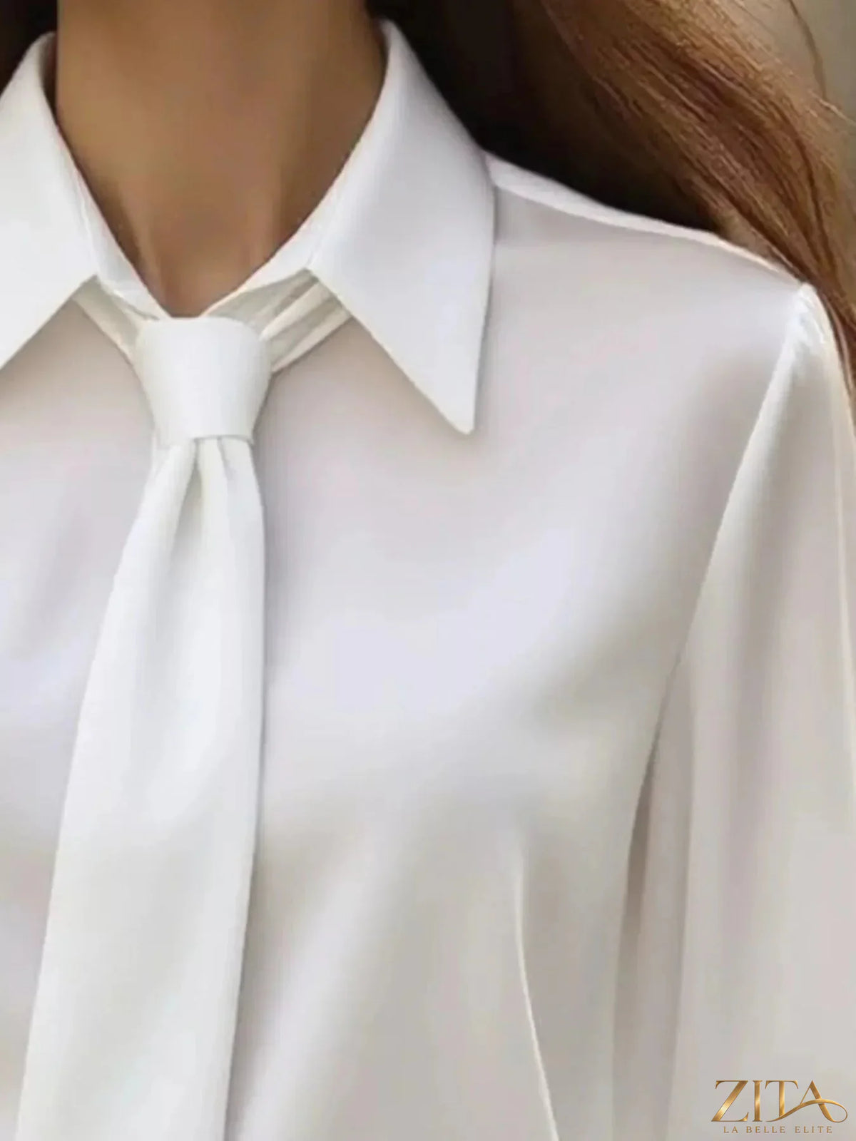 Zita La Belle Elite tie-neck long sleeve blouse in soft fabric with a relaxed fit and elegant design.