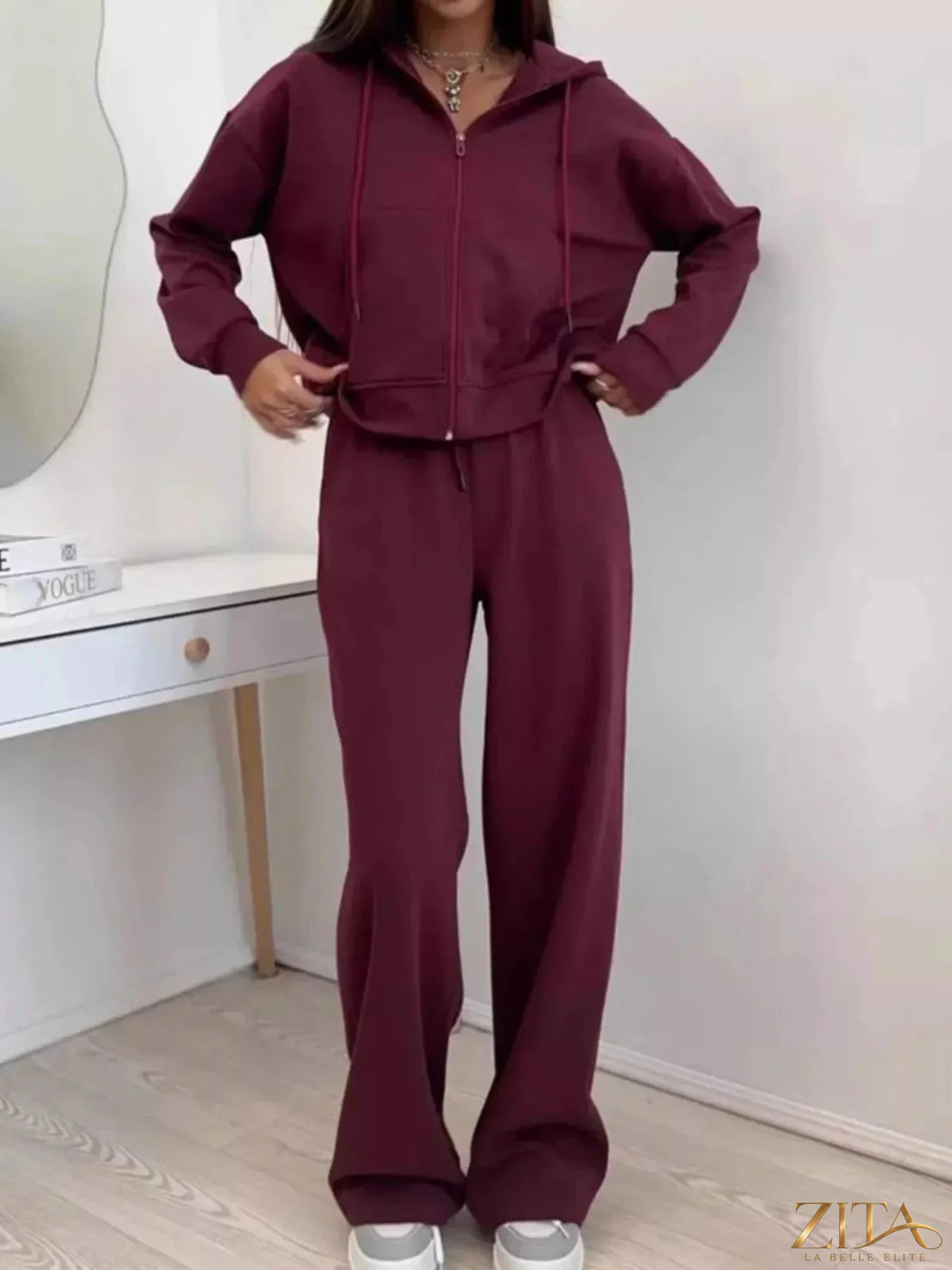 Zita La Belle Elite zip-up hoodie and wide-leg pants set, featuring a casual fit and comfortable fabric in a stylish outfit.