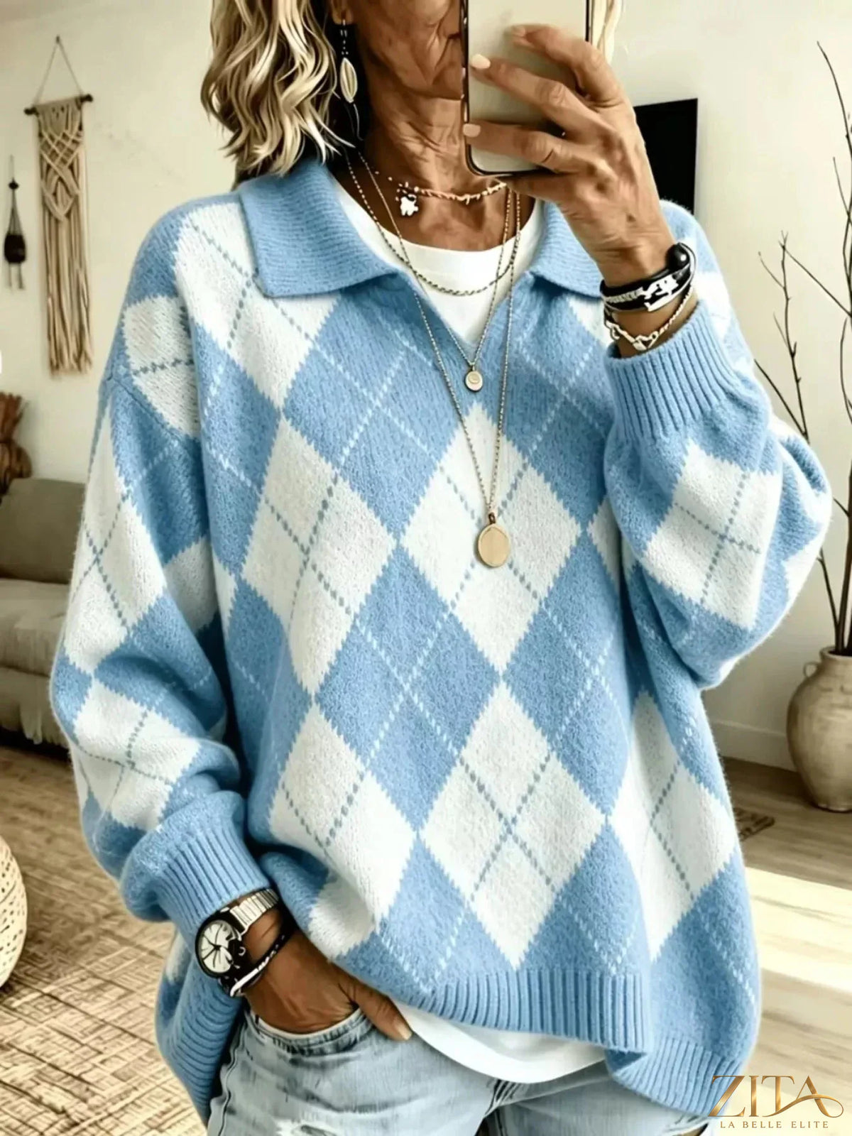 Zita La Belle Elite argyle pattern collared pullover sweater with ribbed cuffs and hem, featuring a classic diamond design in multiple colors.