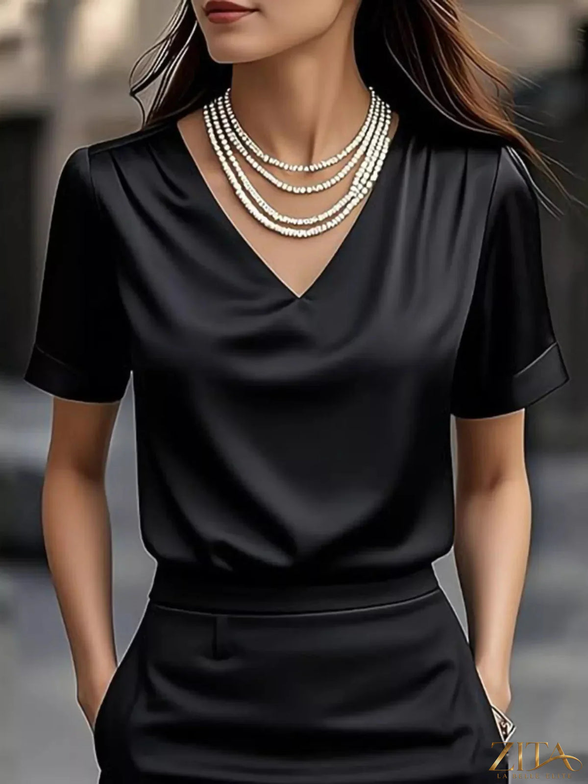 Zita La Belle Elite V-neck short sleeve satin blouse in elegant fabric, shown in a stylish and flattering fit.