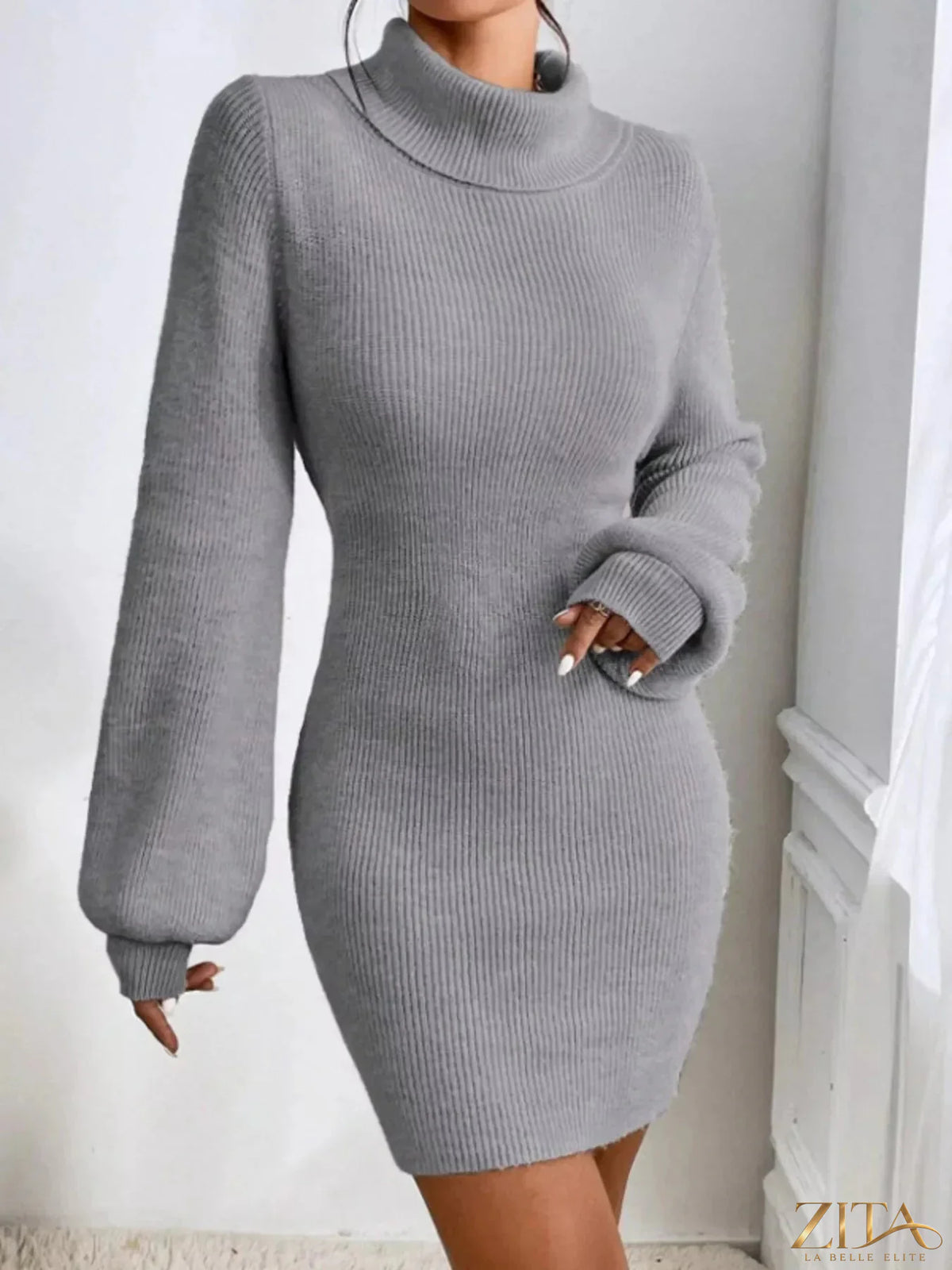 Ribbed knit turtleneck sweater dress in a fitted silhouette, designed by Trendsi, featuring a cozy, textured fabric.