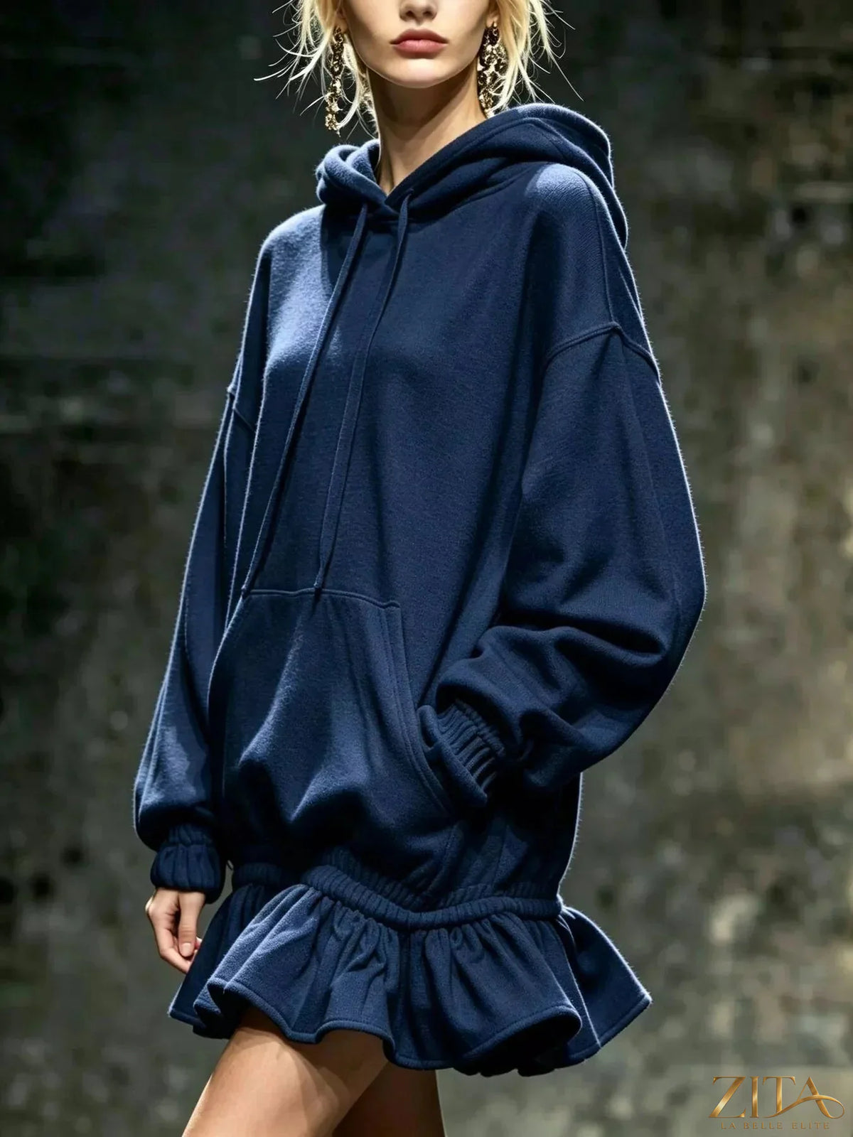 Zita La Belle Elite casual chic hoodie sweatshirt mini dress with ruffled hem, soft fabric, and relaxed fit for stylish comfort.