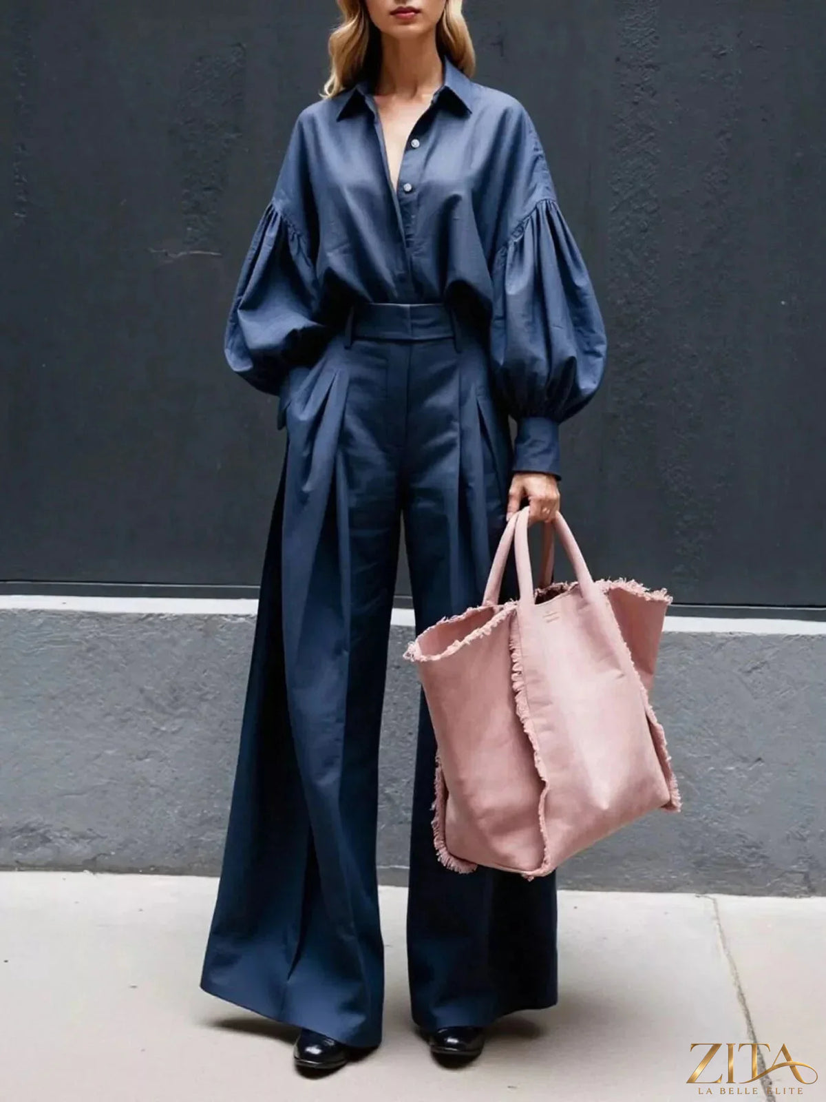Zita La Belle Elite lantern sleeve shirt and wide leg pants set, featuring a stylish top with voluminous sleeves and matching flowy pants.