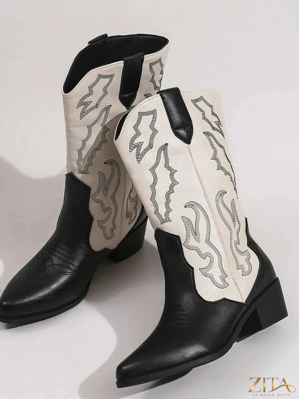 Zita La Belle Elite point toe block heel boots with sleek black leather and stylish design, perfect for elegant footwear.