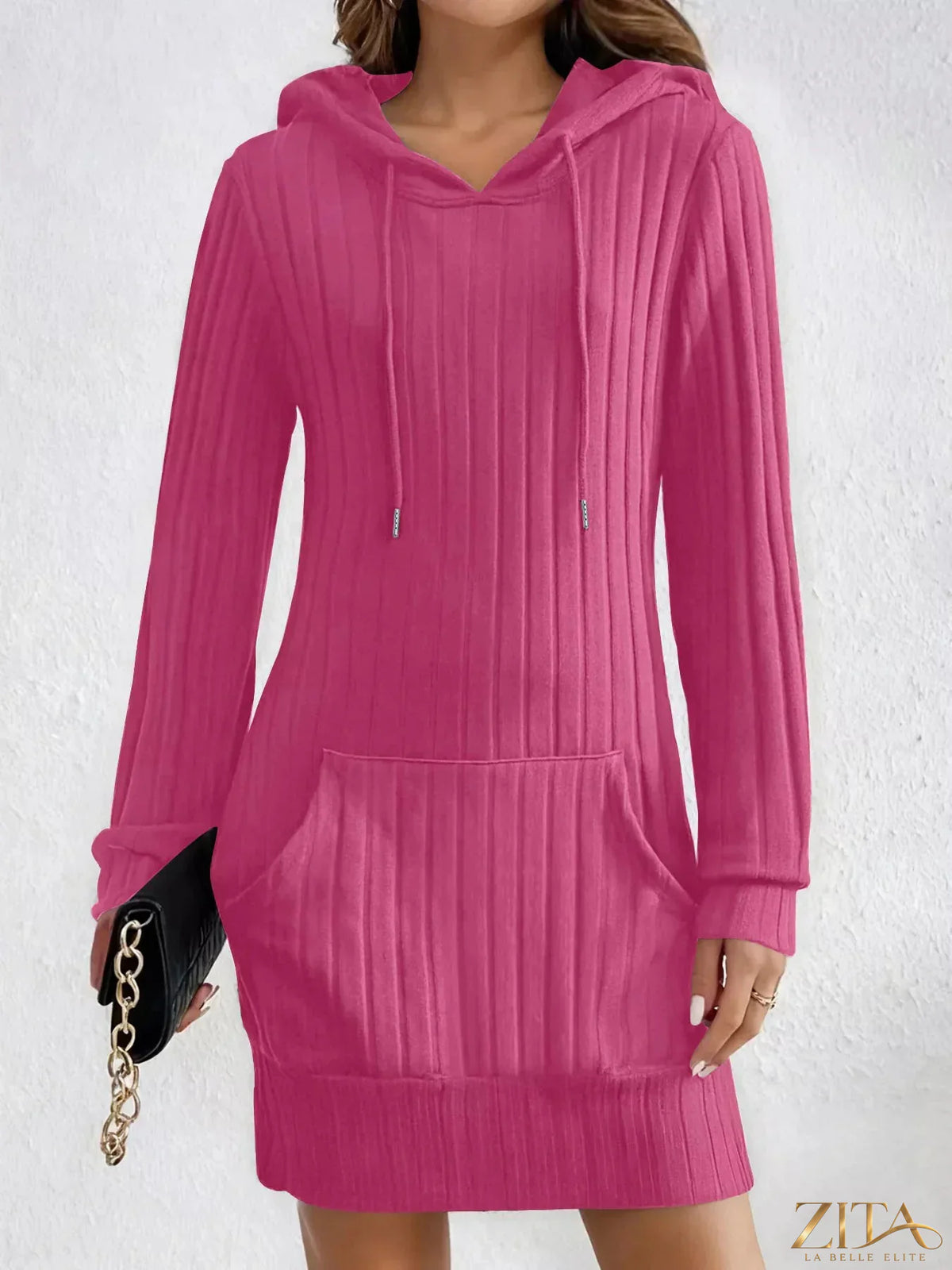Zita La Belle Elite ribbed knit hoodie dress displayed on a mannequin, featuring a cozy, fitted design with a hood and long sleeves.