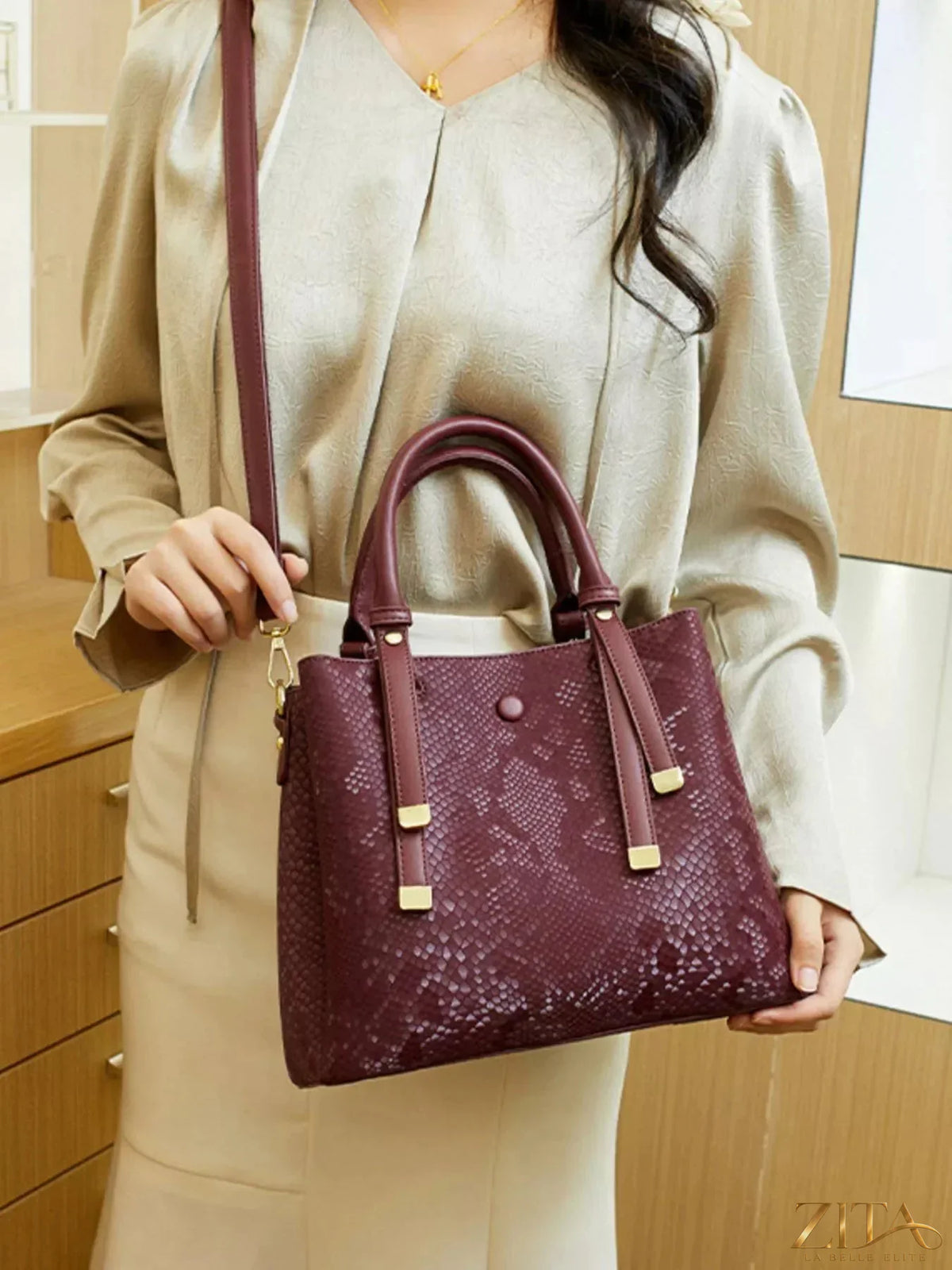 Zita La Belle Elite snakeskin pattern handbag with sleek design and textured surface, featuring a stylish, high-quality accessory.