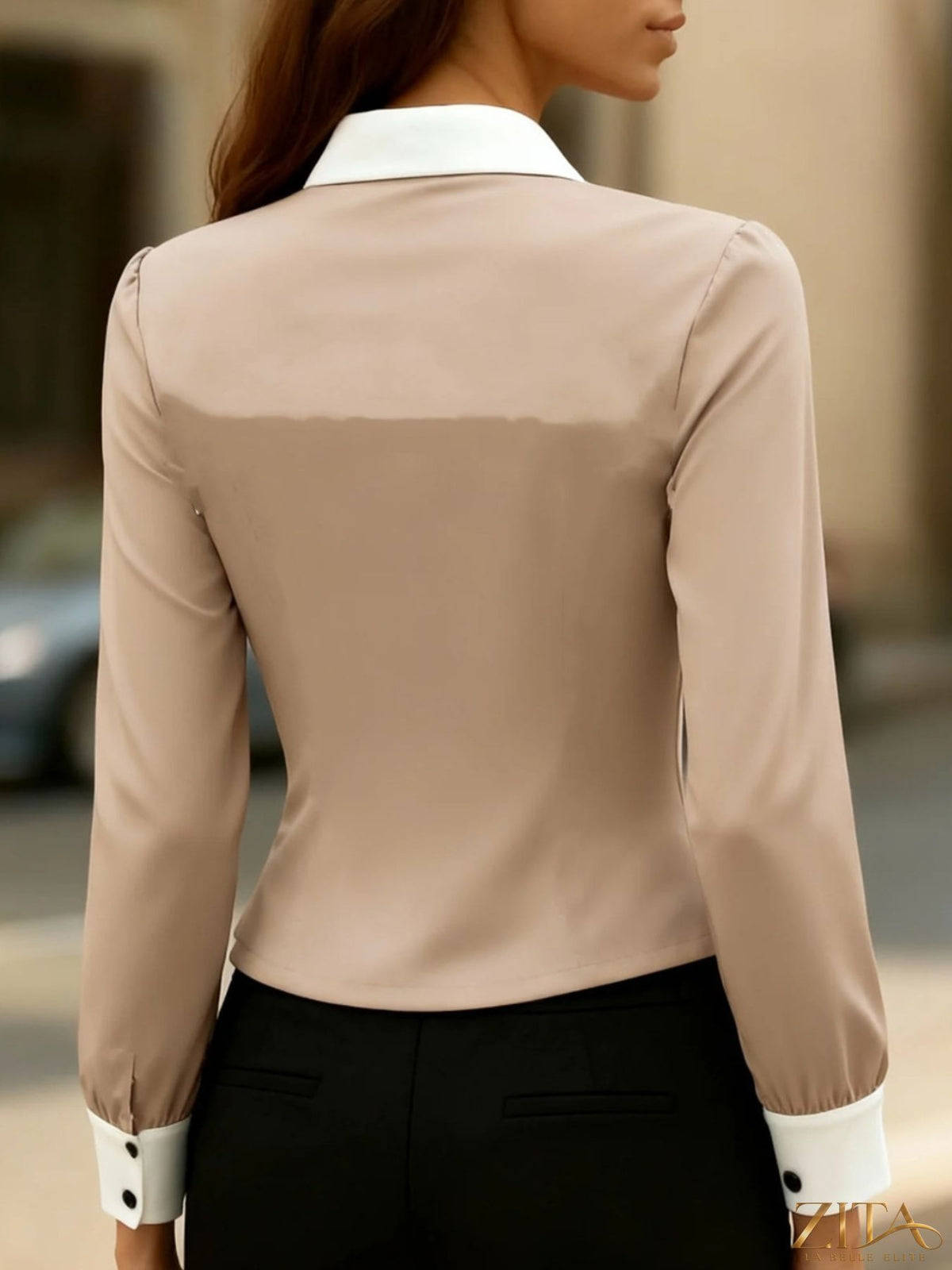 Zita La Belle Elite contrast button-down shirt with black and white color blocking, long sleeves, and classic collar.