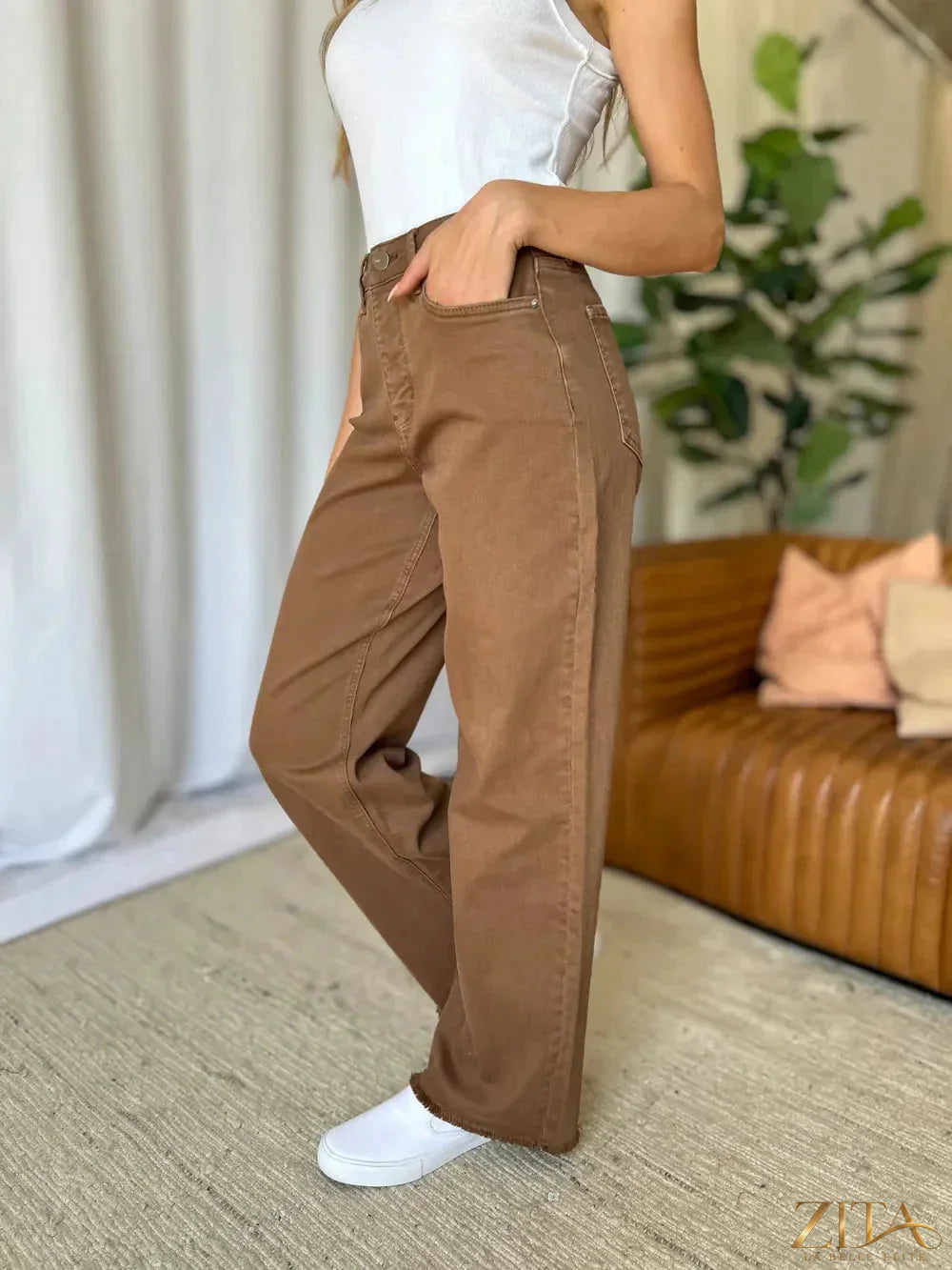 Zita La Belle Elite RFM full size high-rise garment dye wide leg jeans displayed on a model.