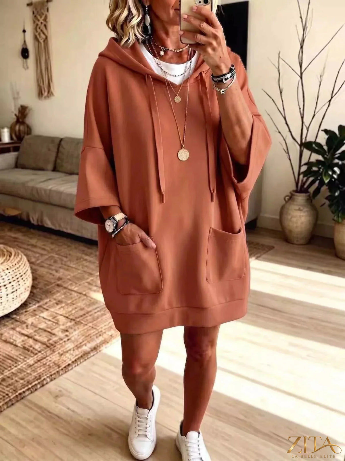 Plus size oversized drawstring hoodie by Zita La Belle Elite with front pockets, soft fabric, and relaxed fit for comfortable casual wear.