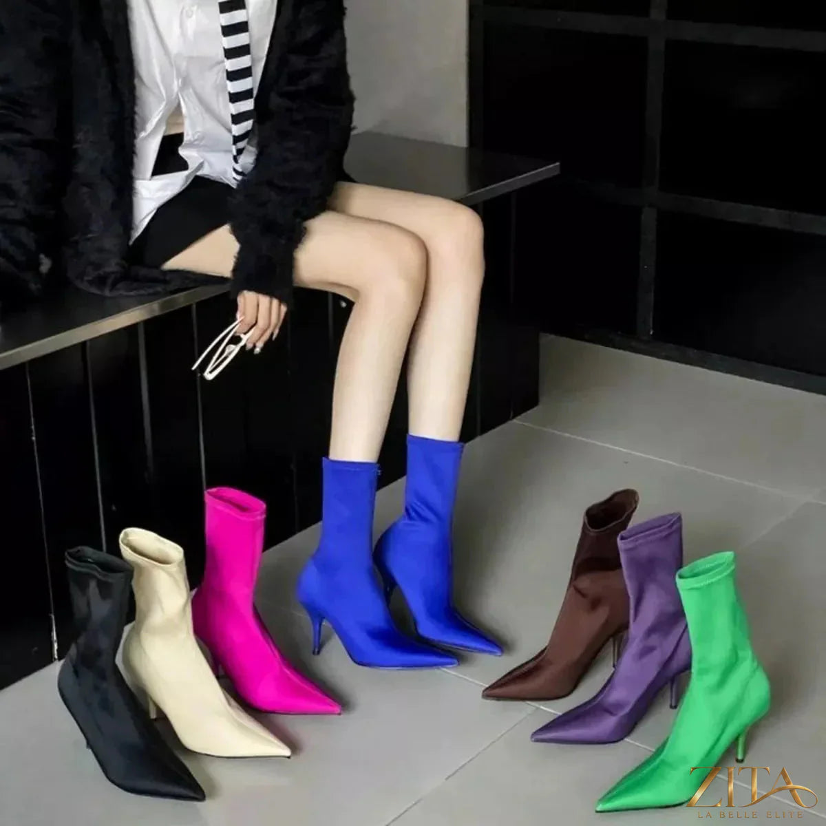Zita La Belle Elite point toe mid heel boots in black leather, featuring sleek design and stylish ankle height.