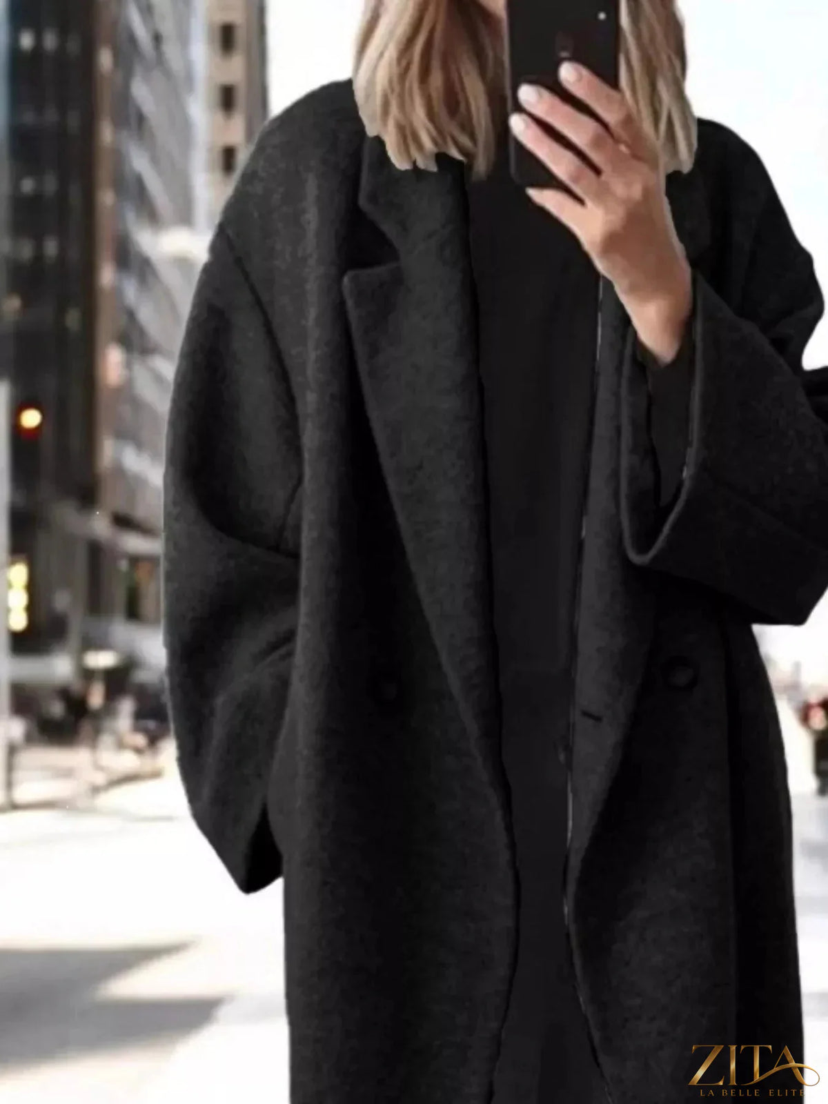 Plus size Zita La Belle Elite wool blend longline coat with lapel collar, full size, stylish and warm for cold weather.
