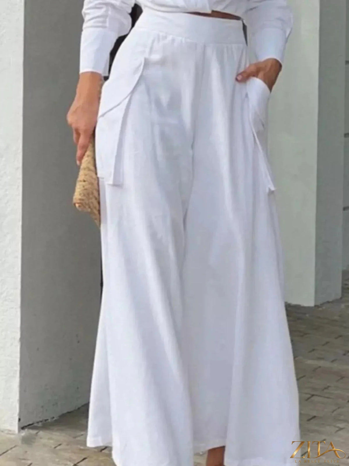 Zita La Belle Elite long sleeve shirt and wide leg pants set in a stylish, coordinated outfit for women.