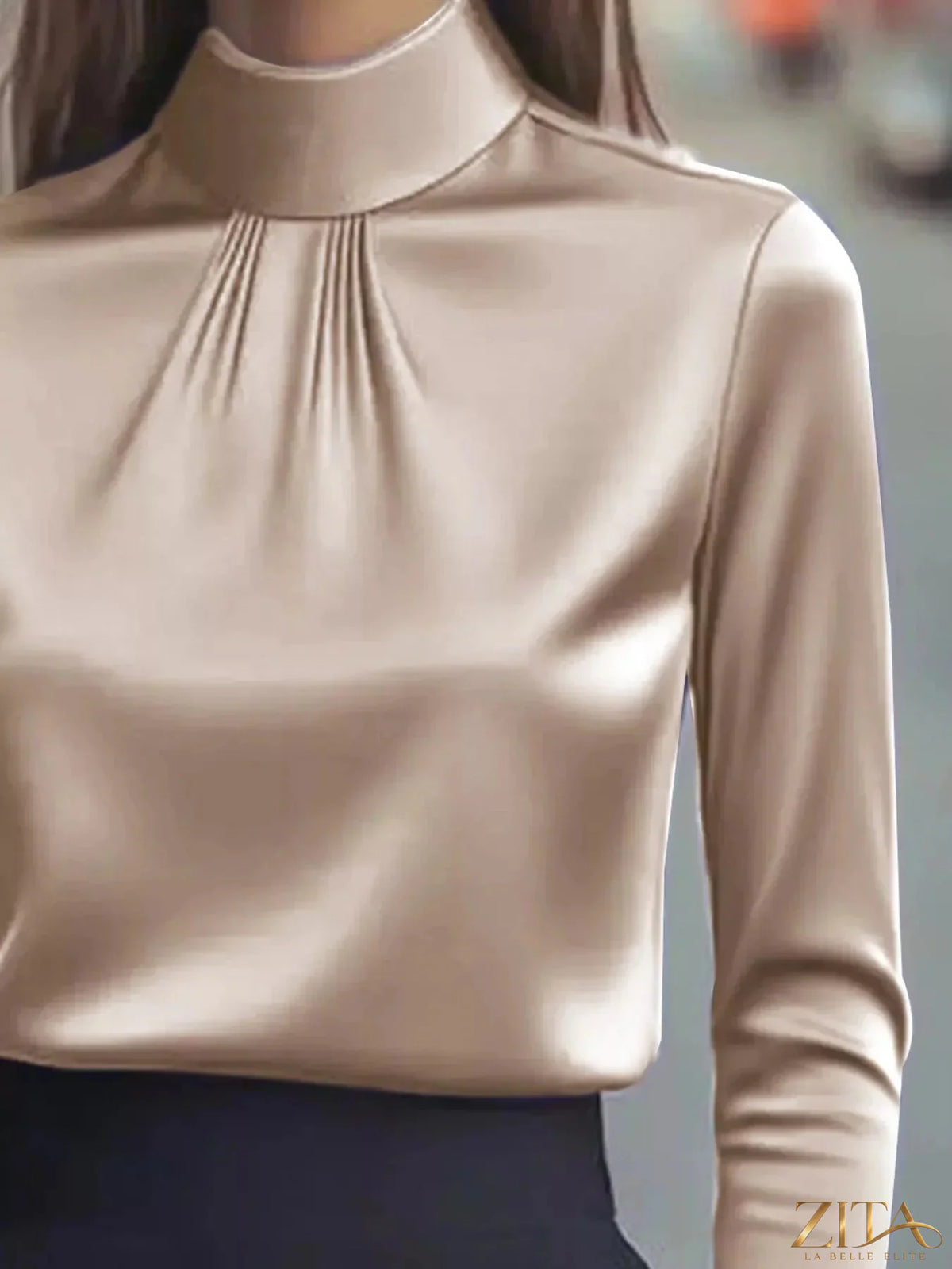 Zita La Belle Elite mock neck long sleeve blouse with pleated detail, featuring a fitted silhouette and elegant design.