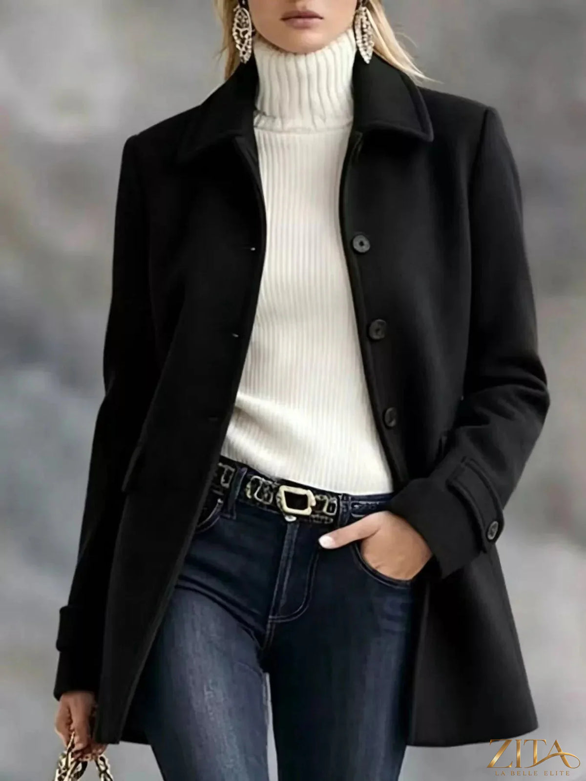 Zita La Belle Elite button-up coat with a collared neck, featuring a stylish and tailored design in neutral fabric.