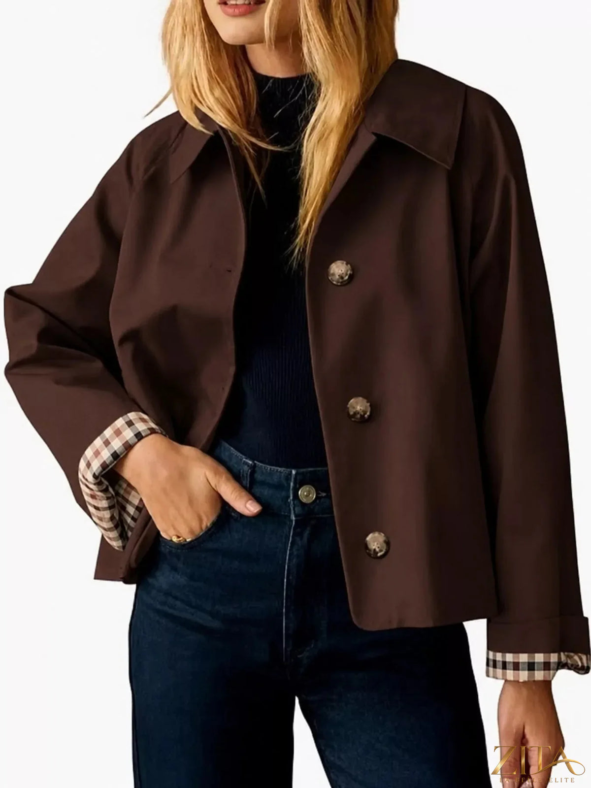 Zita La Belle Elite plaid cuffs cropped trench coat with button details, styled with a classic trench silhouette and plaid accents.