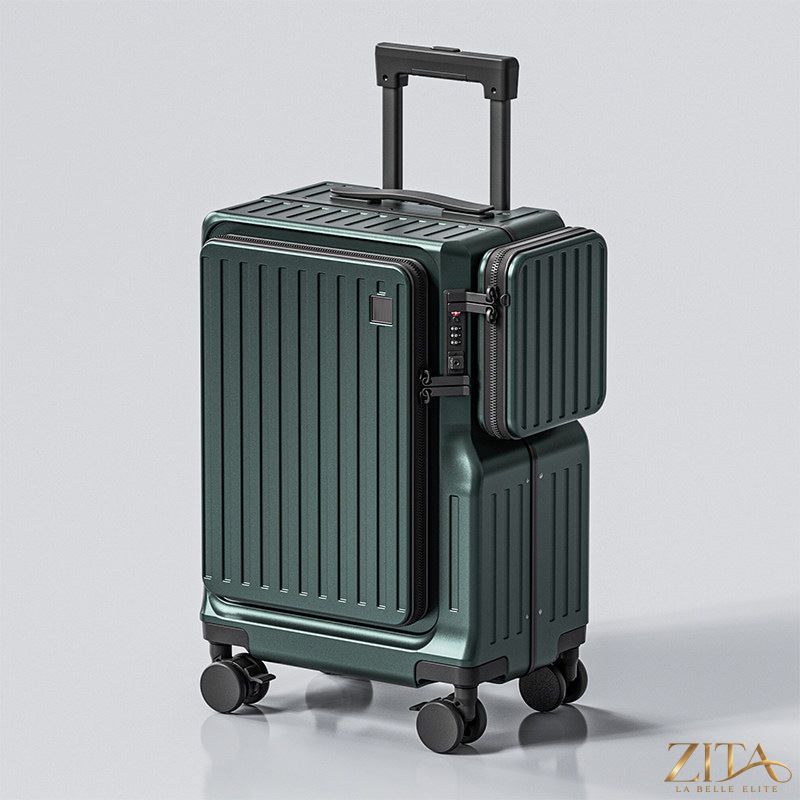 Zita La Belle Elite front-opening 20-inch carry-on suitcase with hard shell and retractable handle, suitable for travel.