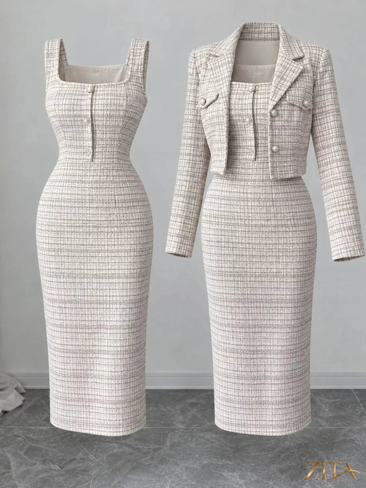 Zita La Belle Elite tweed square neck dress and matching cardigan set, featuring a classic, elegant design with textured fabric.