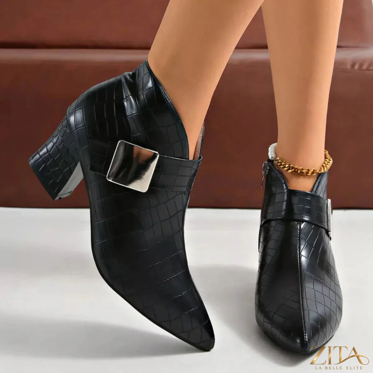 Zita La Belle Elite point toe block heel boots in black leather with sleek design and sturdy heel for stylish footwear.