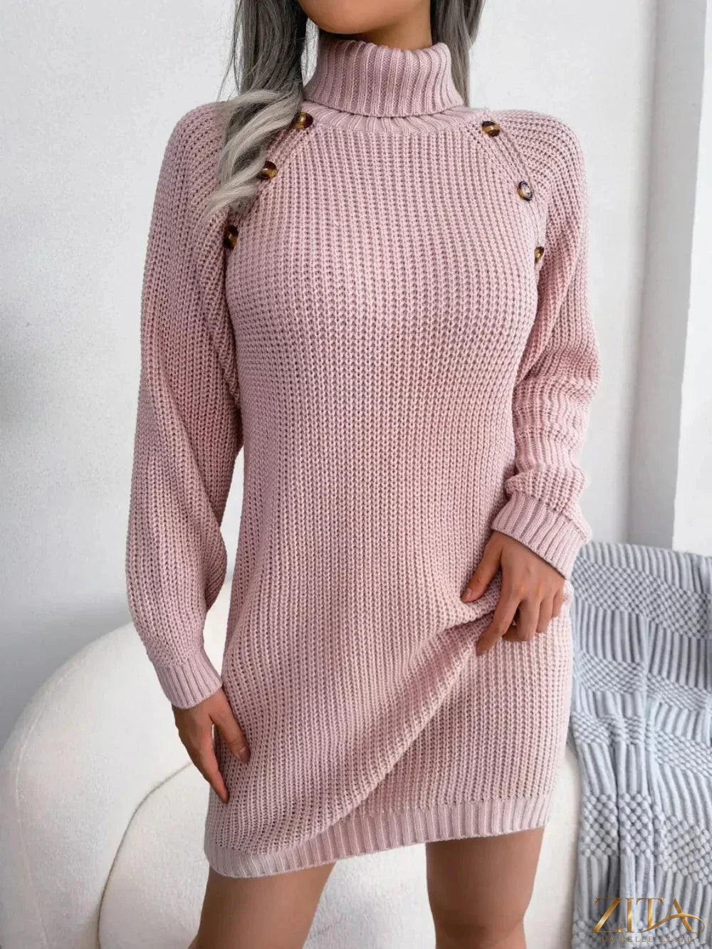 Decorative button turtleneck sweater dress by Trendsi featuring a cozy knit design with stylish buttons at the collar.