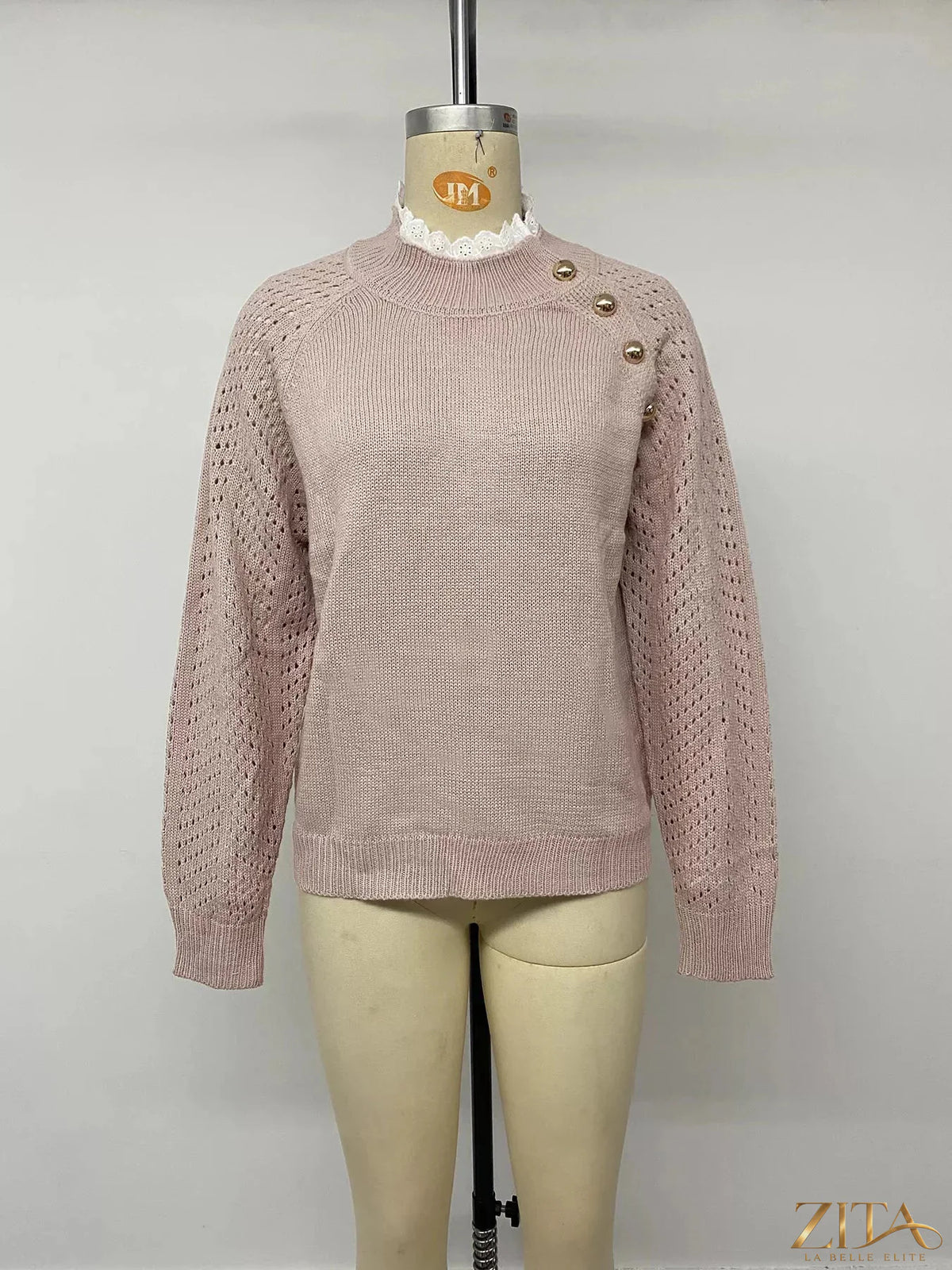 Zita La Belle Elite openwork mock neck sweater featuring intricate knit pattern and fitted style in soft, cozy fabric.