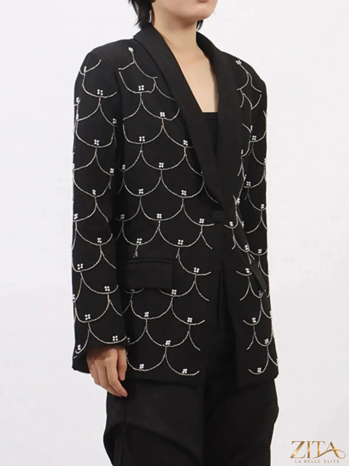 Zita La Belle Elite pearl detail long sleeve blazer featuring a tailored fit and elegant design, shown on a model.