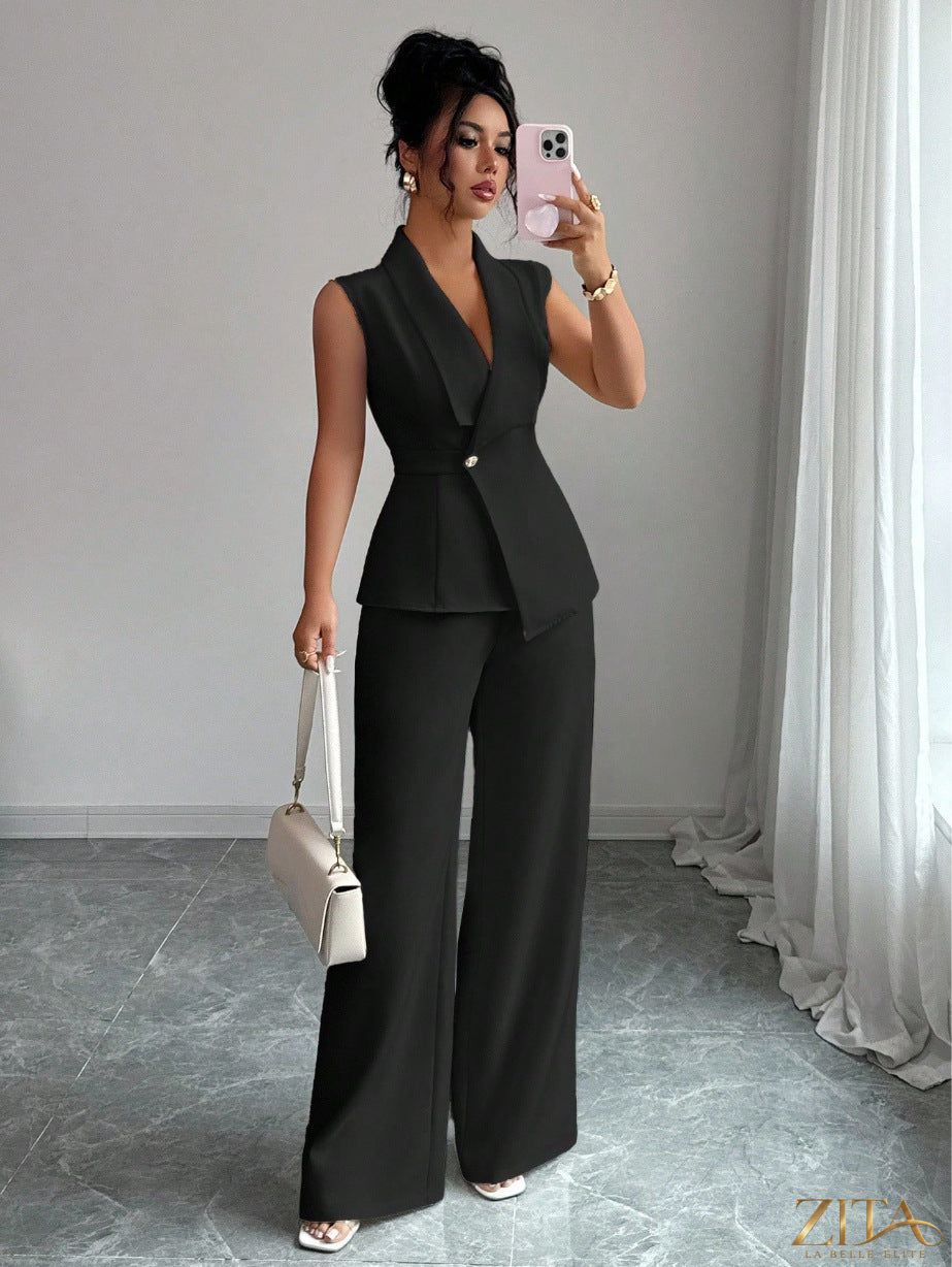 Zita La Belle Elite women's sleeveless peplum blazer and wide-leg pants two-piece set, shown in a stylish, coordinated outfit.