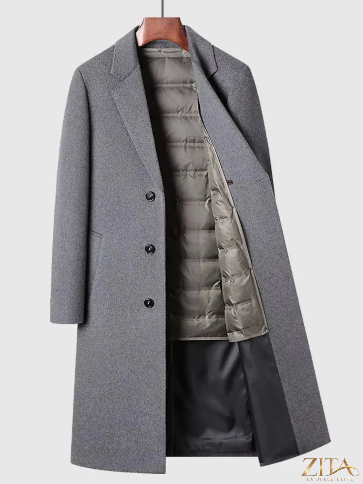 Men's classic button-up overcoat by Zita La Belle Elite, shown in dark wool fabric, tailored fit with lapel collar and button closure.