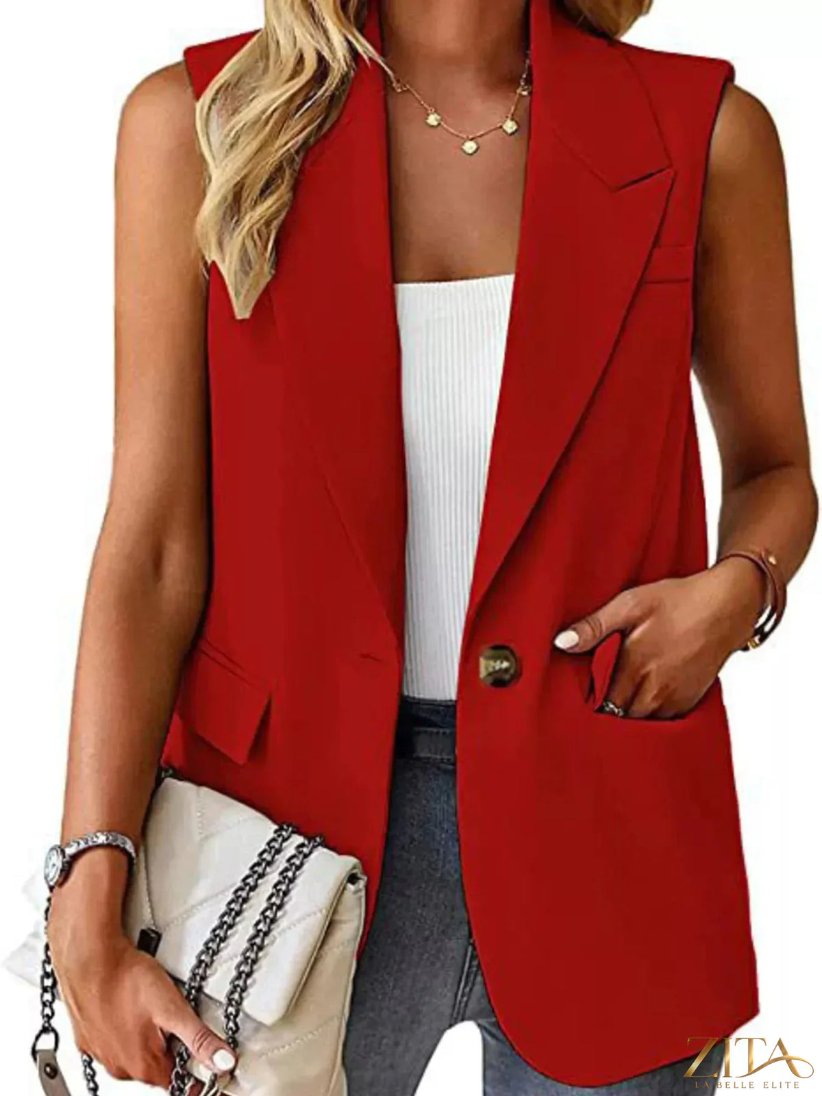 Plus size Zita La Belle Elite full size vest coat with one button lapel collar, shown in a natural front view.