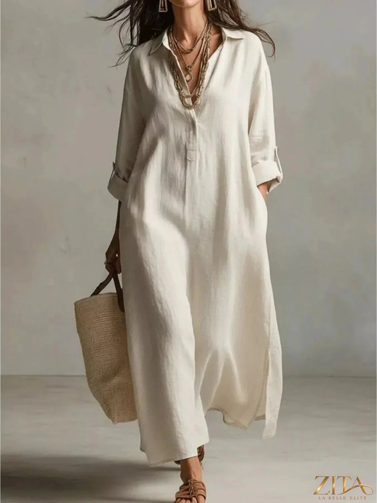 Plus size casual midi shirt dress by Zita La Belle Elite, featuring a relaxed fit and button-down front.