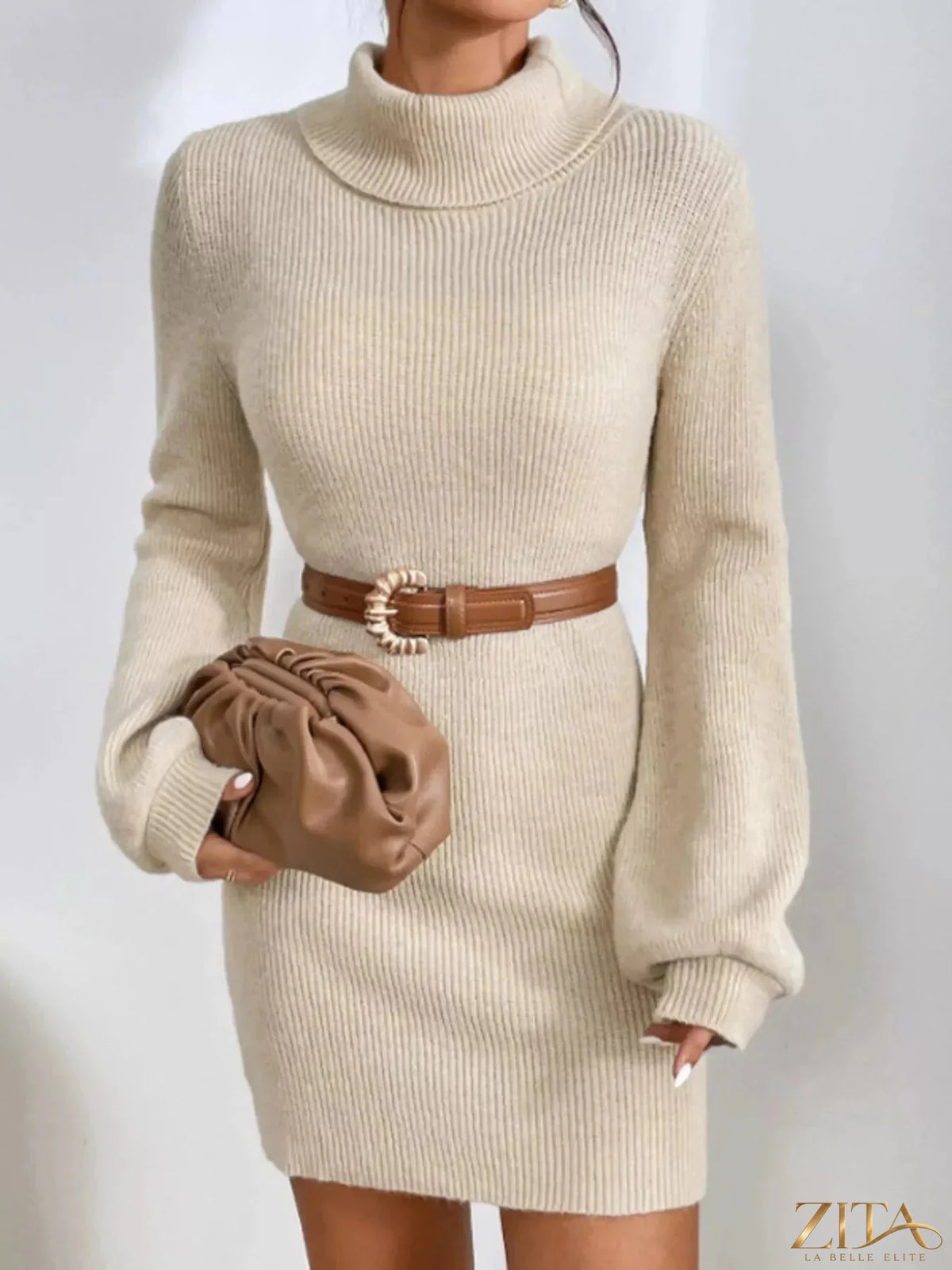 Ribbed knit turtleneck sweater dress by Trendsi, featuring a fitted silhouette and cozy ribbed texture in a stylish design.