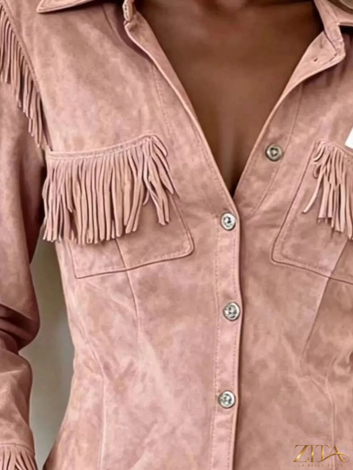 Plus size fringed snap down jacket by Trendsi, showcasing the full-length design with fringe details and a stylish snap front.
