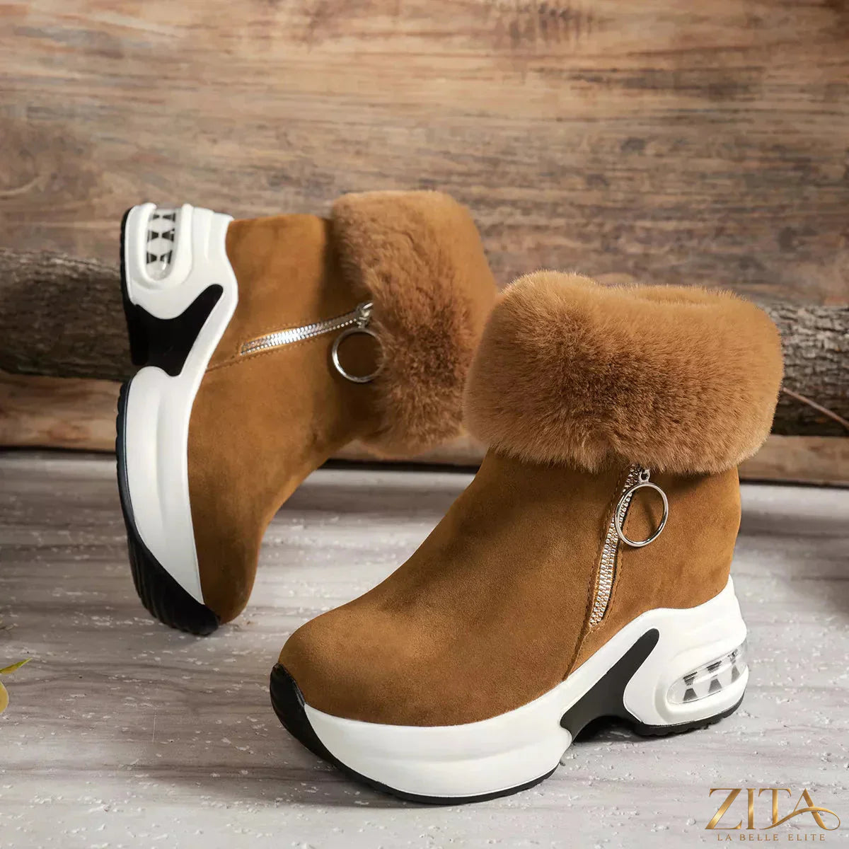 Zita La Belle Elite fuzzy side zipper platform ankle boots with chunky heels and black faux fur trim.